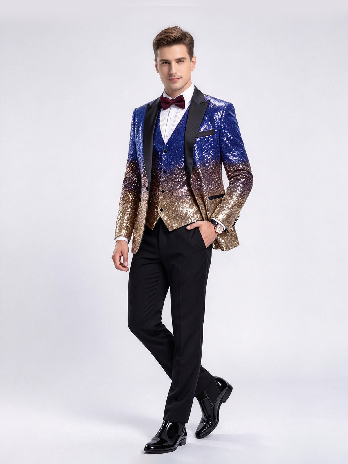 Cicinia 3 Pieces Slim Fit Peak Lapel Tuxedo Style Gradient Sequin Burgundy Silver Men's Suits