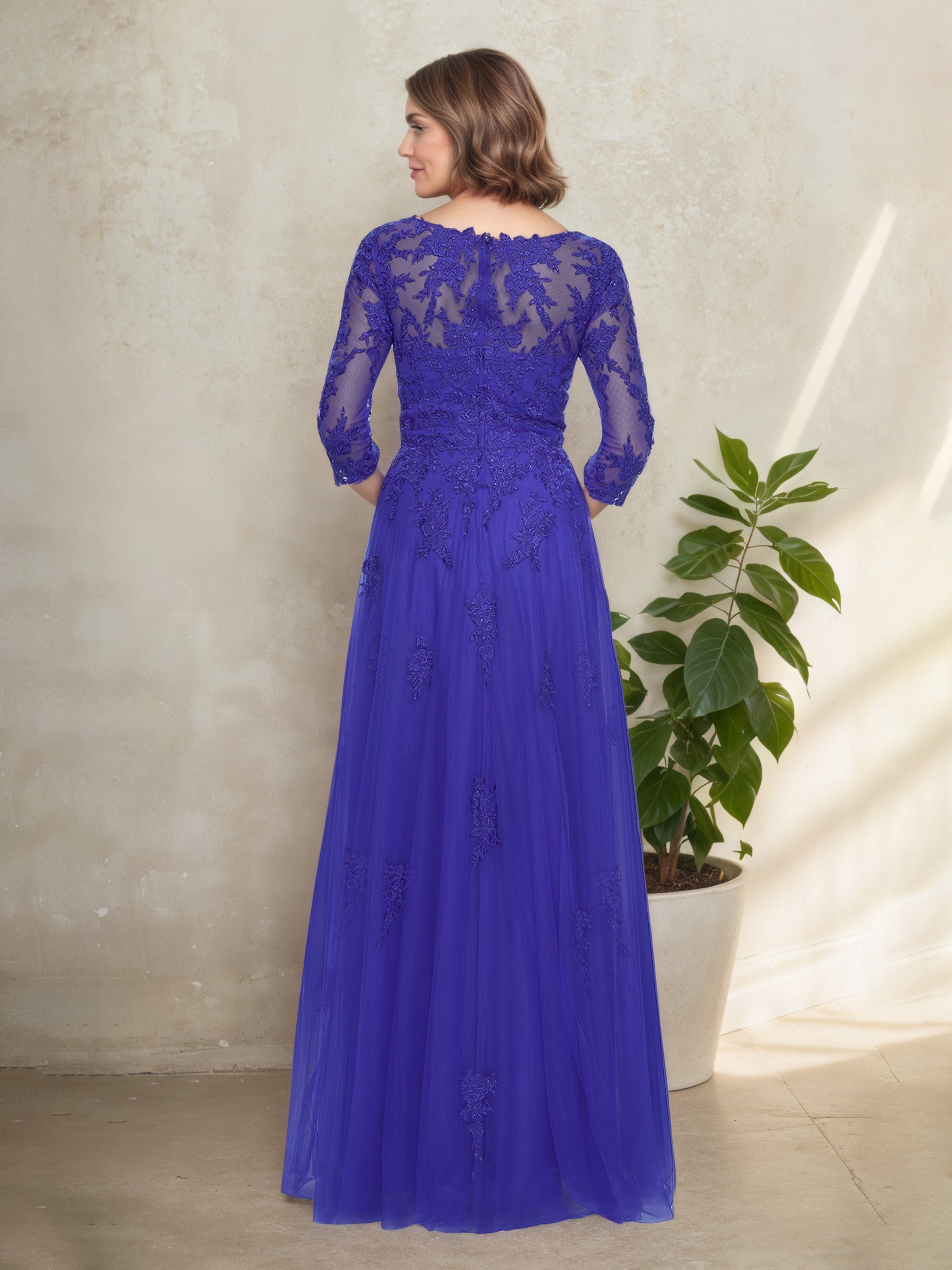 Royal Blue Illusion V-Neck Lace 3/4 Sleeves Mother Of The Bride Dress
