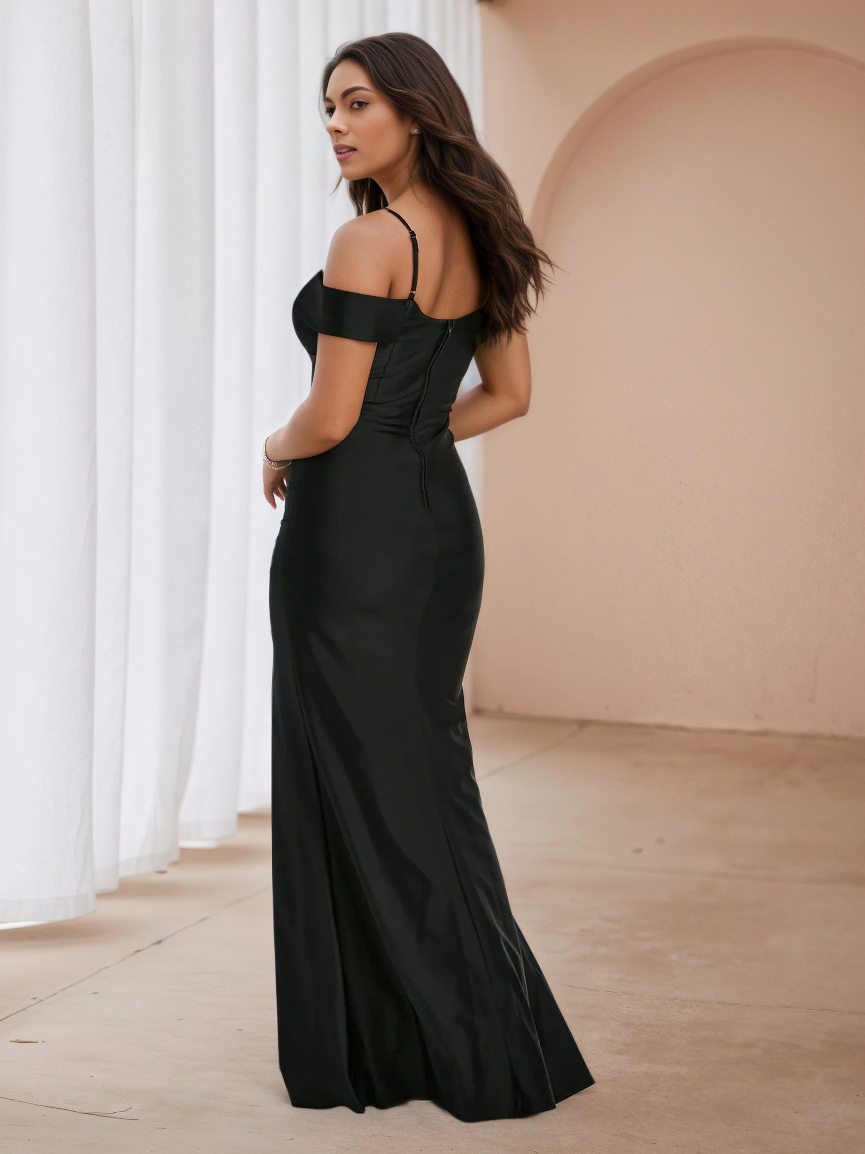 Spaghetti Straps Off The Shoulder Black Wedding Guest Dress with Split