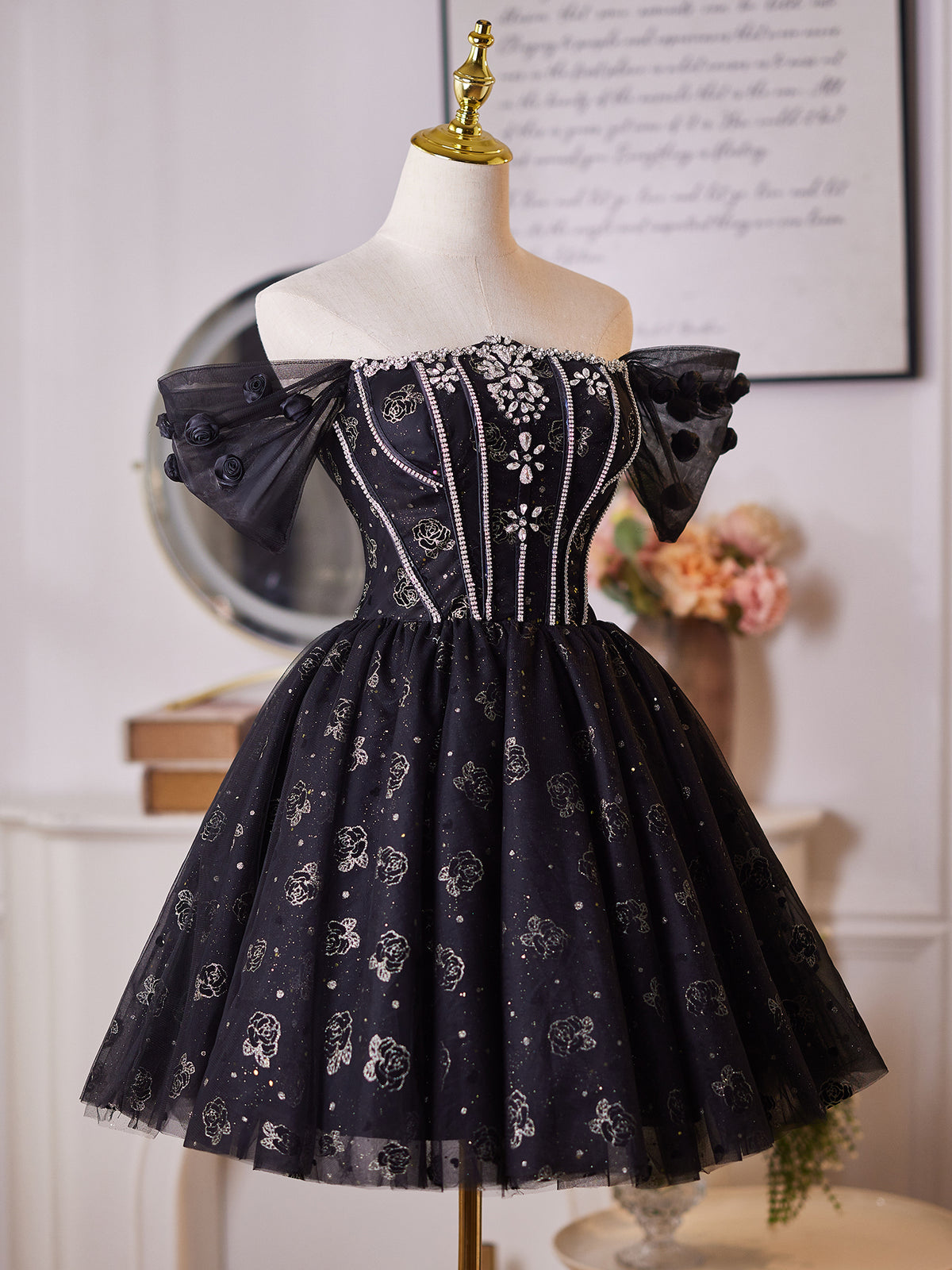 Cicinia Off The Shoulder Rose Print Tulle Black Homecoming Dresses Short A-line Mini Length Party Dress