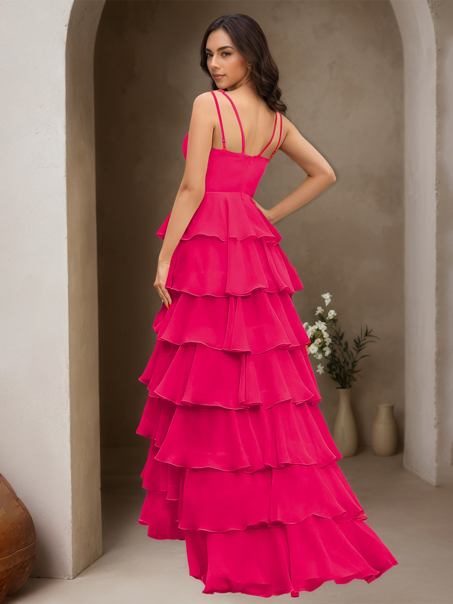 Cicinia Fuchsia Prom Dresses Long Chiffon A-line Spaghetti Straps Layered Slit Floor Length