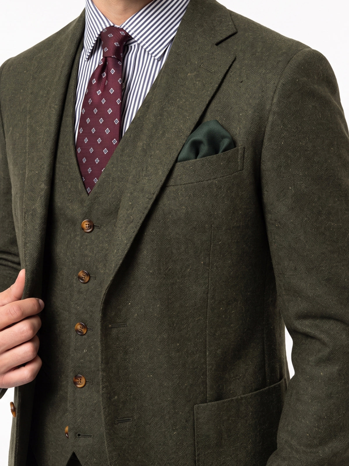 Cicinia 3 Pieces Notch Lapel Suit Two Button Jacket V Neck Waistcoat Straight Trousers Olive Green Men's Suits