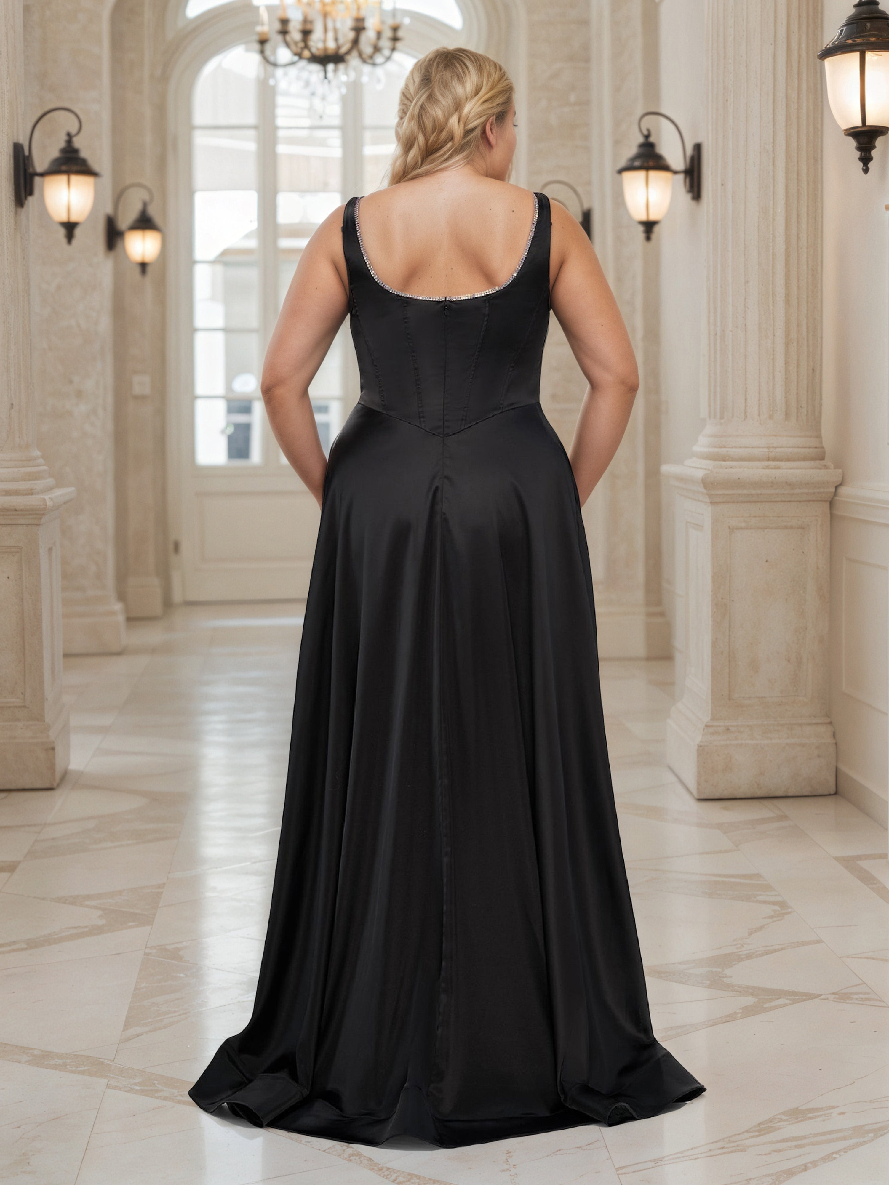 Black High Split Plus Size Prom Dress With Silver Decorations