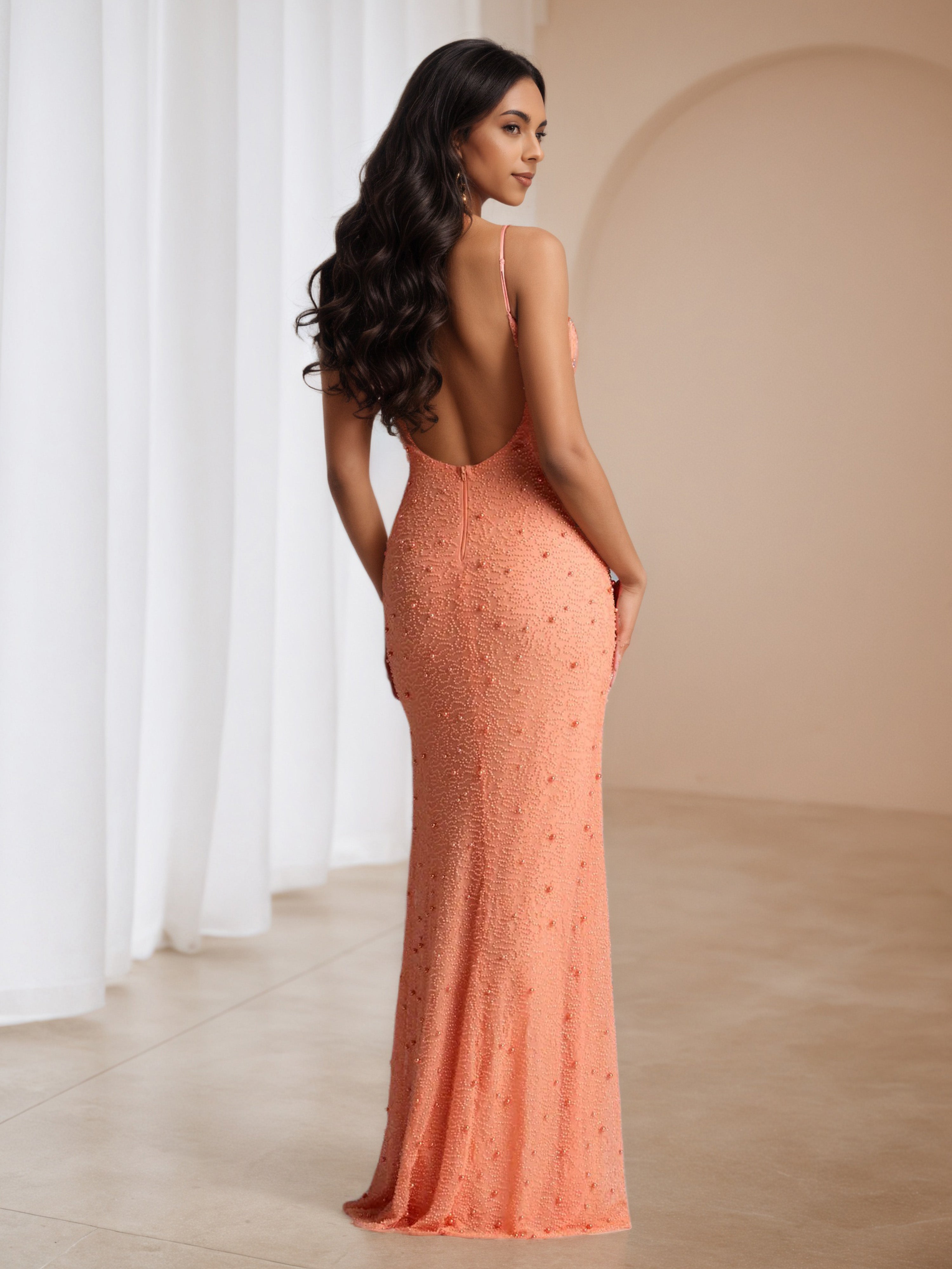 Papaya Pearl Trumpet/Mermaid Spaghetti Straps Wedding Guest Dress
