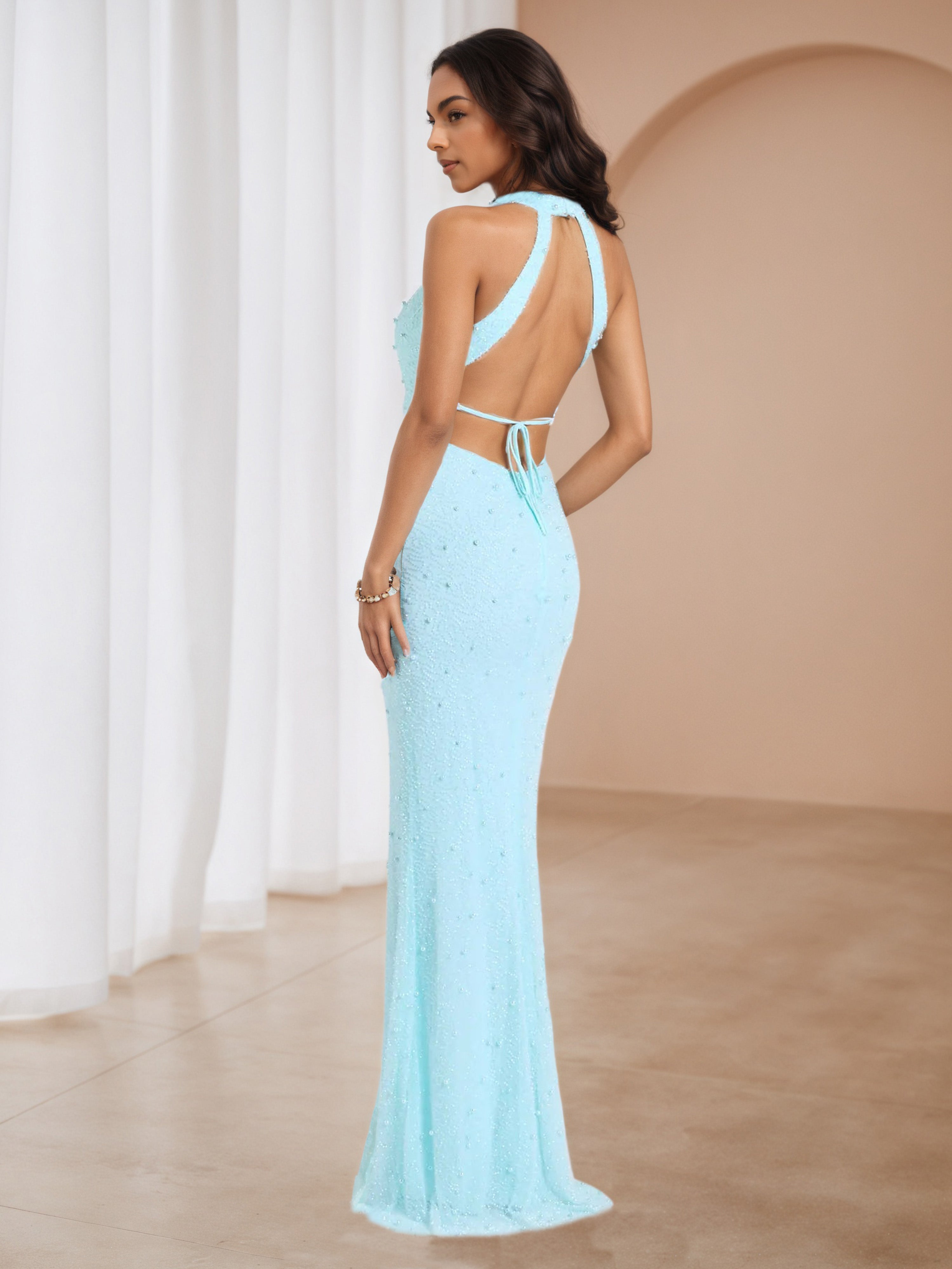 Sky Blue Halter Trumpet/Mermaid Floor Length Wedding Guest Dress