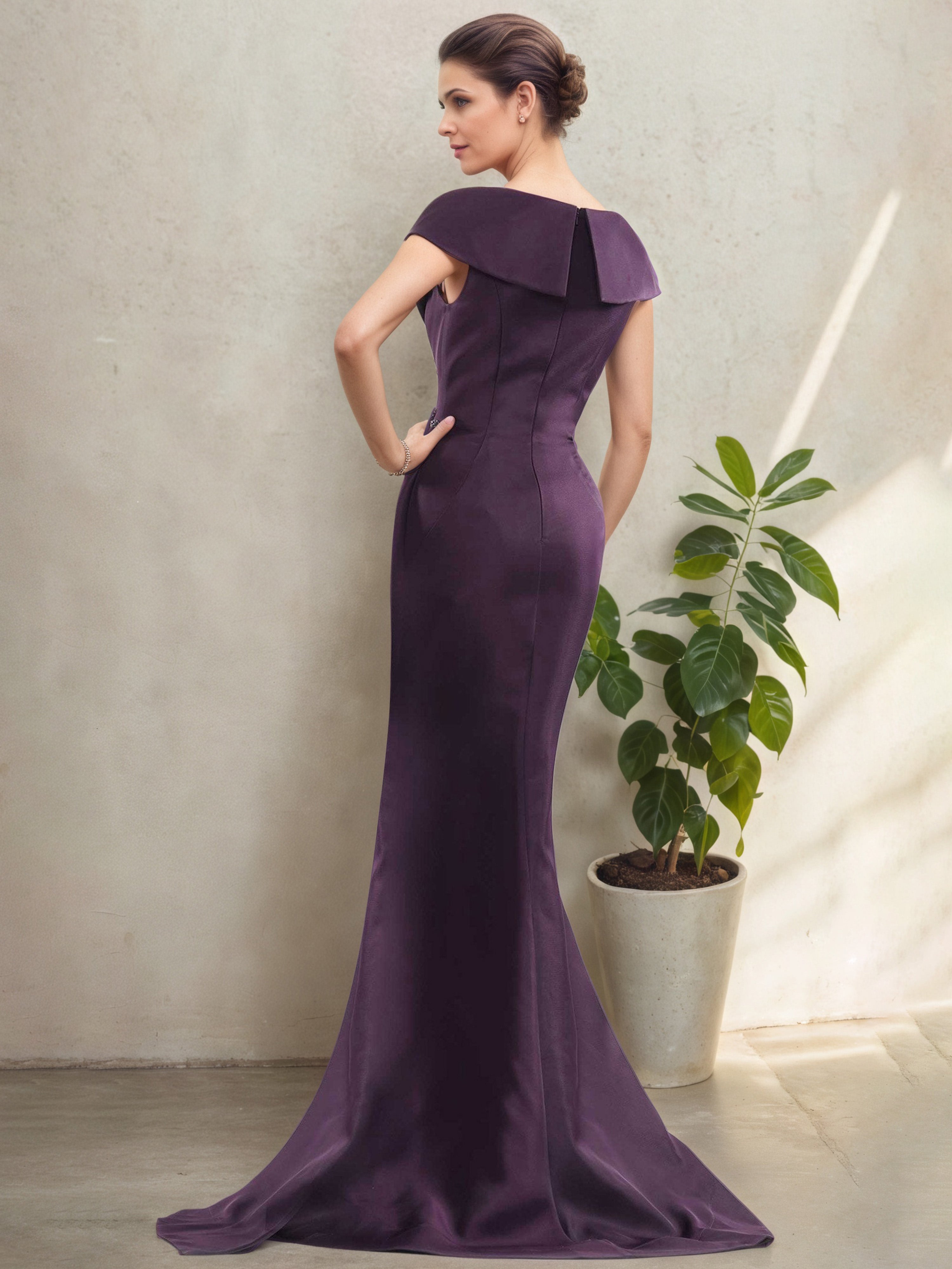 V-Neck Cap Sleeves Ruffle Side Grape Mother Of The Bride Dress
