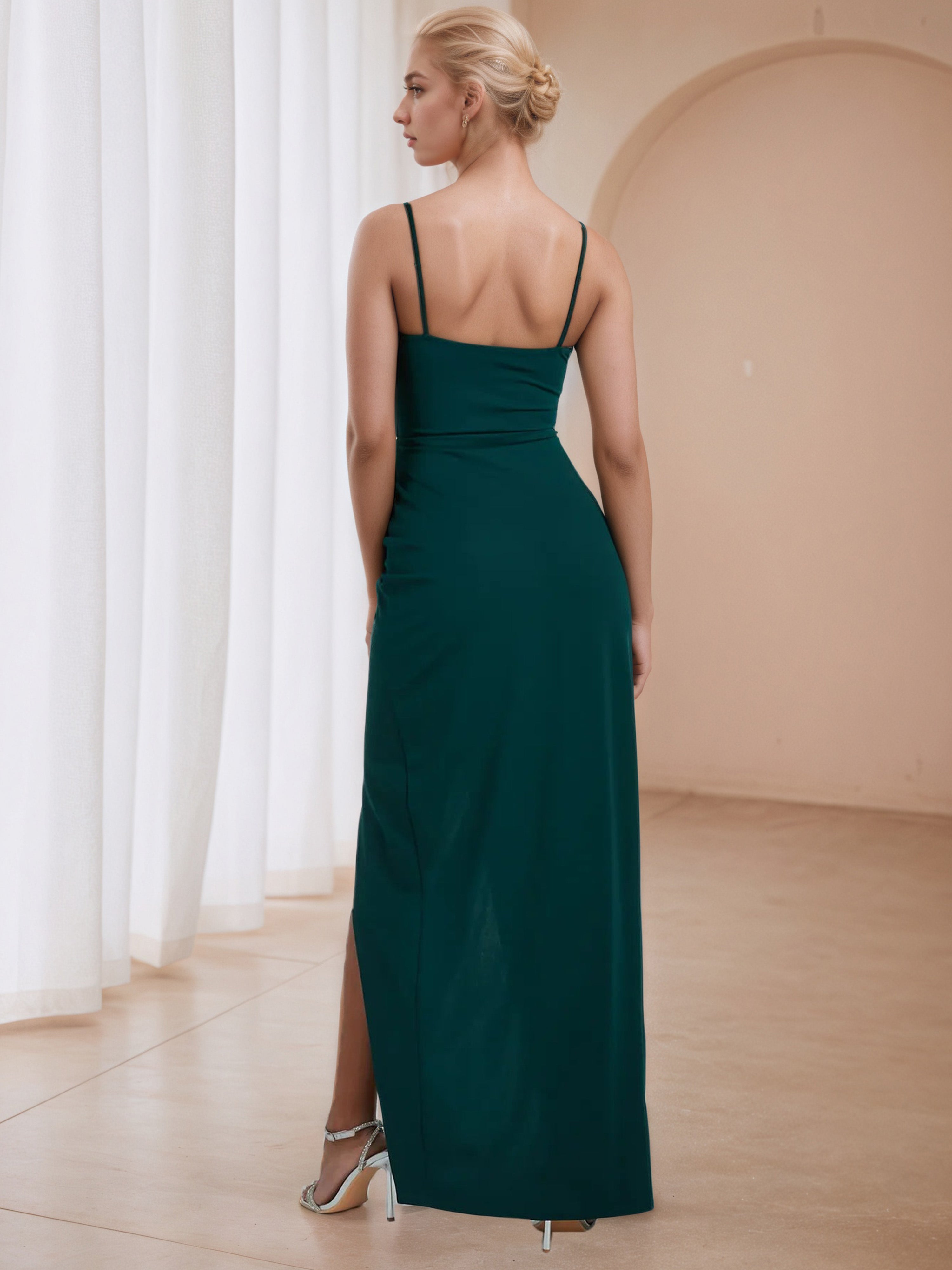 Square Neck Spaghetti Straps Peacock Split Wedding Guest Dress
