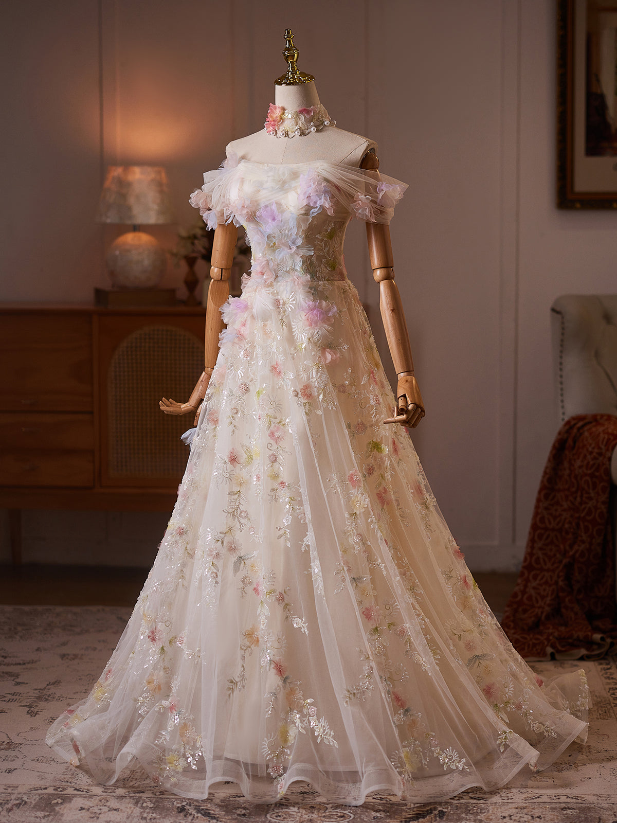 Cicinia Floor Length 3D Colorful Floral Appliques Off The Shoulder Champagne Wedding Dresses Long A-line Bridal Gowns