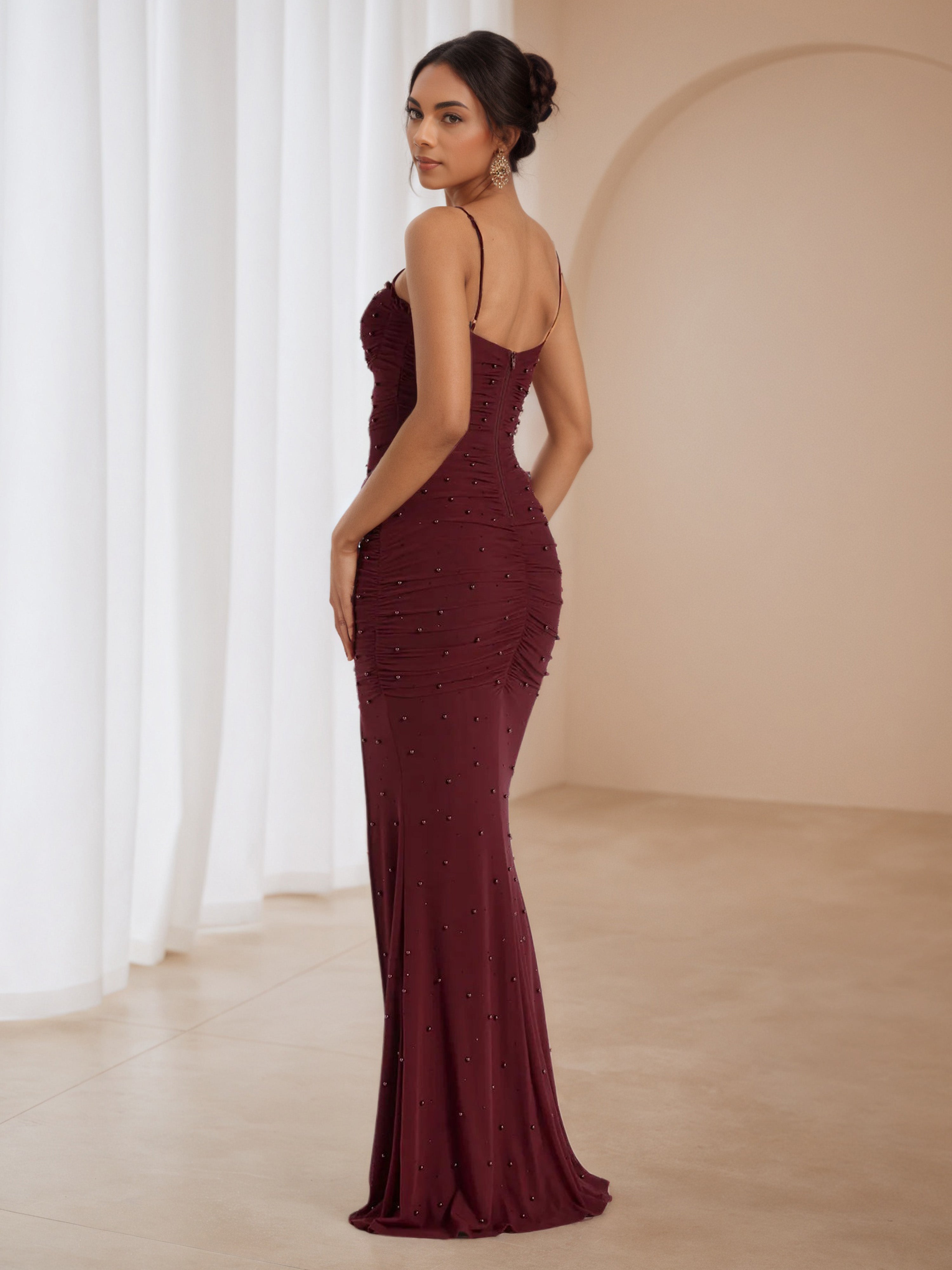 Sweetheart Cabernet Pearl Long Wedding Guest Dress with Split