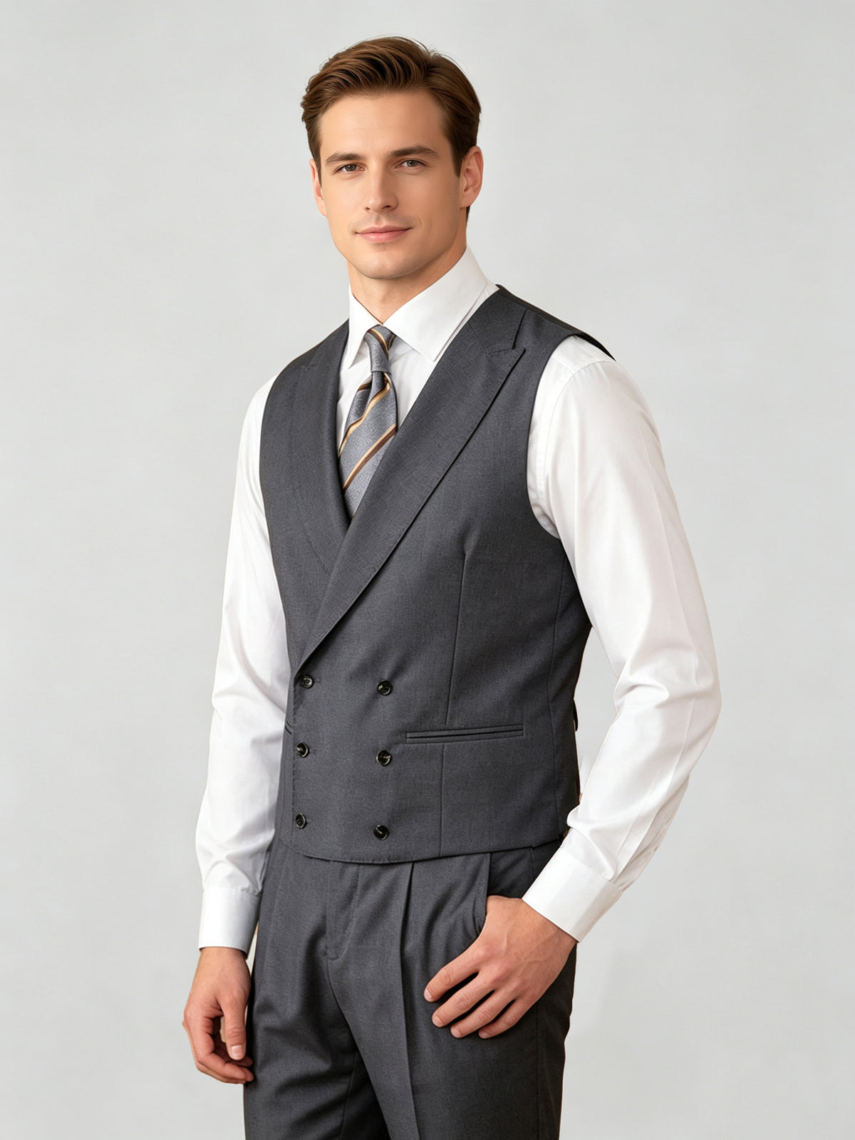 Cicinia 3 Piece Suit Peak Lapel Single Breasted Jacket Double Breasted Vest Pleated Cuffed Trousers Steel Grey Men's Suits