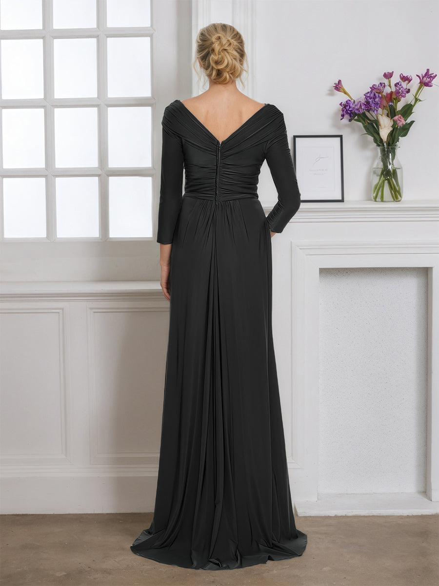 Cicinia Black Mother Of The Bride Dress With Sleeves Long V-neck Sheath Dress With Sweep Train