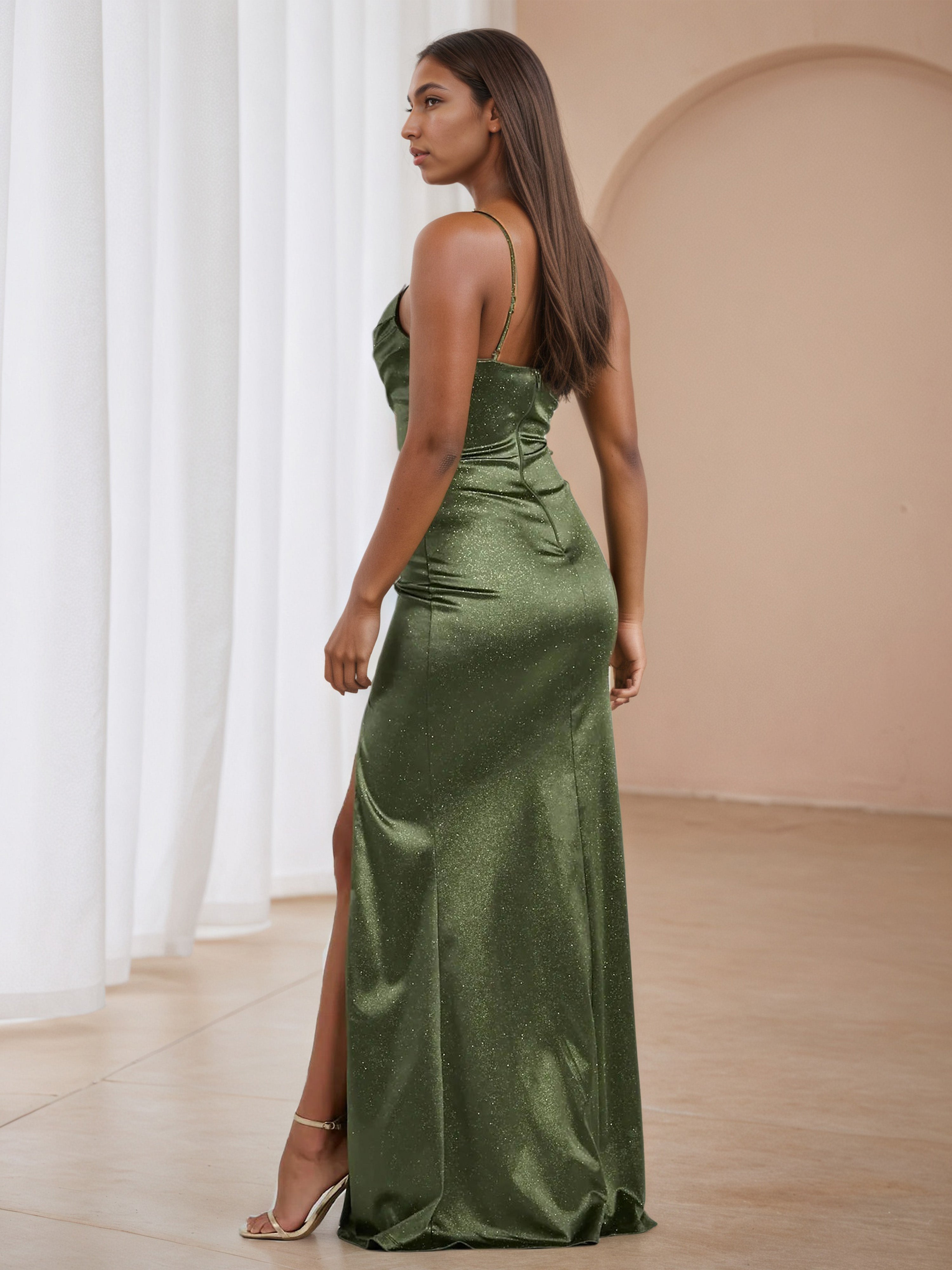 Dark Olive Green Cowl Spaghetti Straps Sweep/Brush Train Formal Dresses with Split