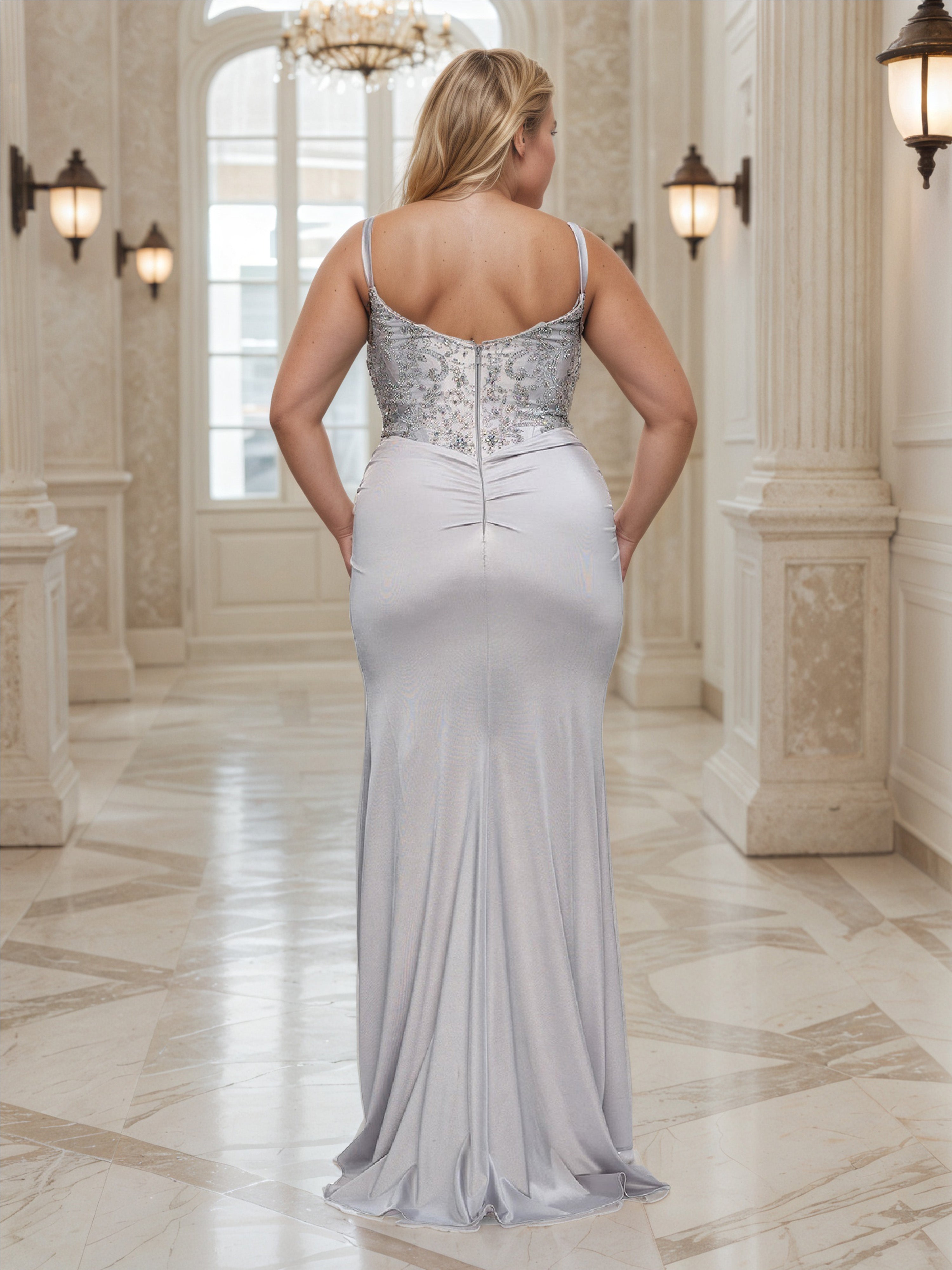 Elegant Silver Sheath Logn Plus Size Prom Dress With Straps