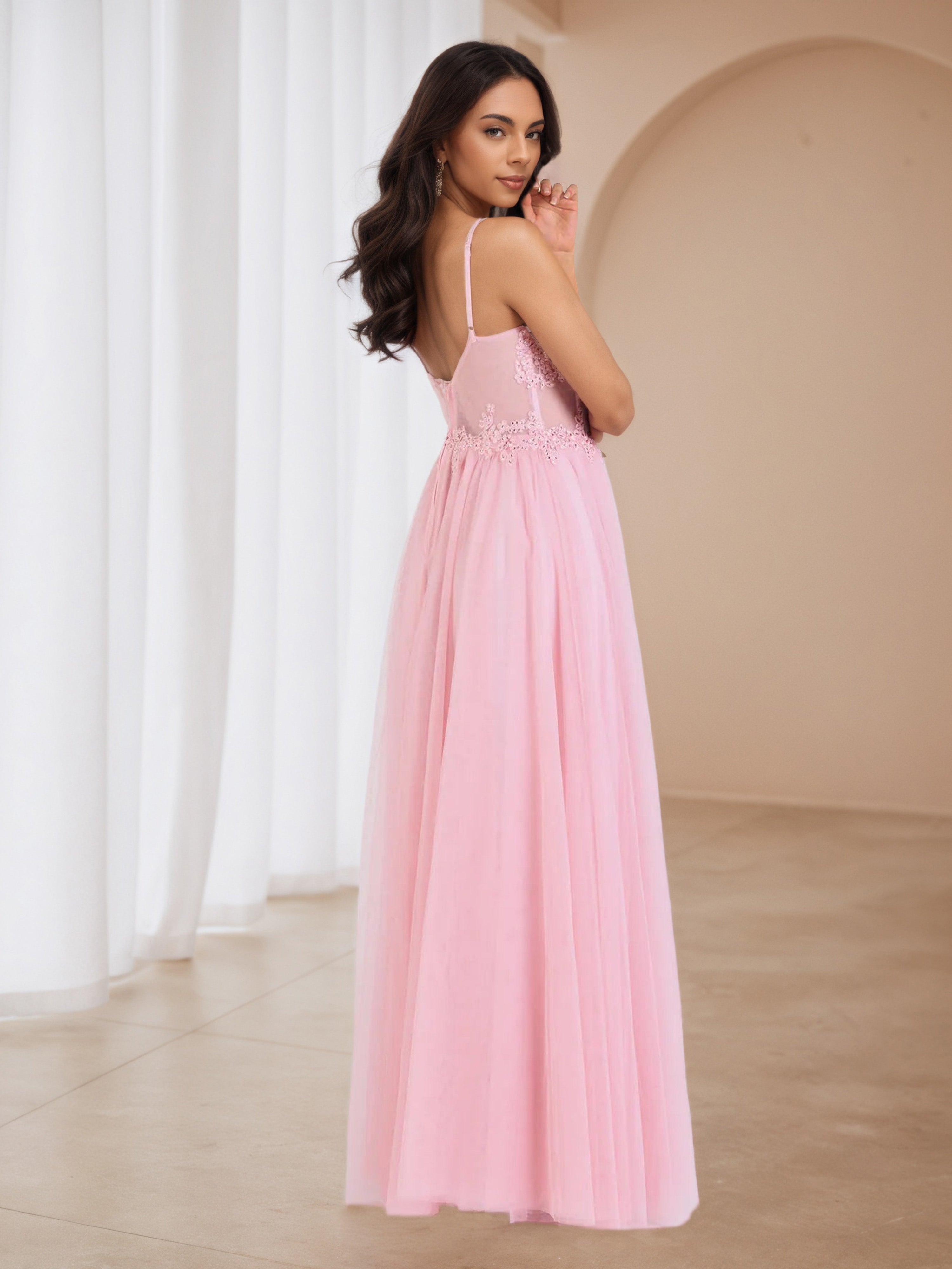 A-Line Candy Pink Tulle V-Neck Wedding Guest Dress