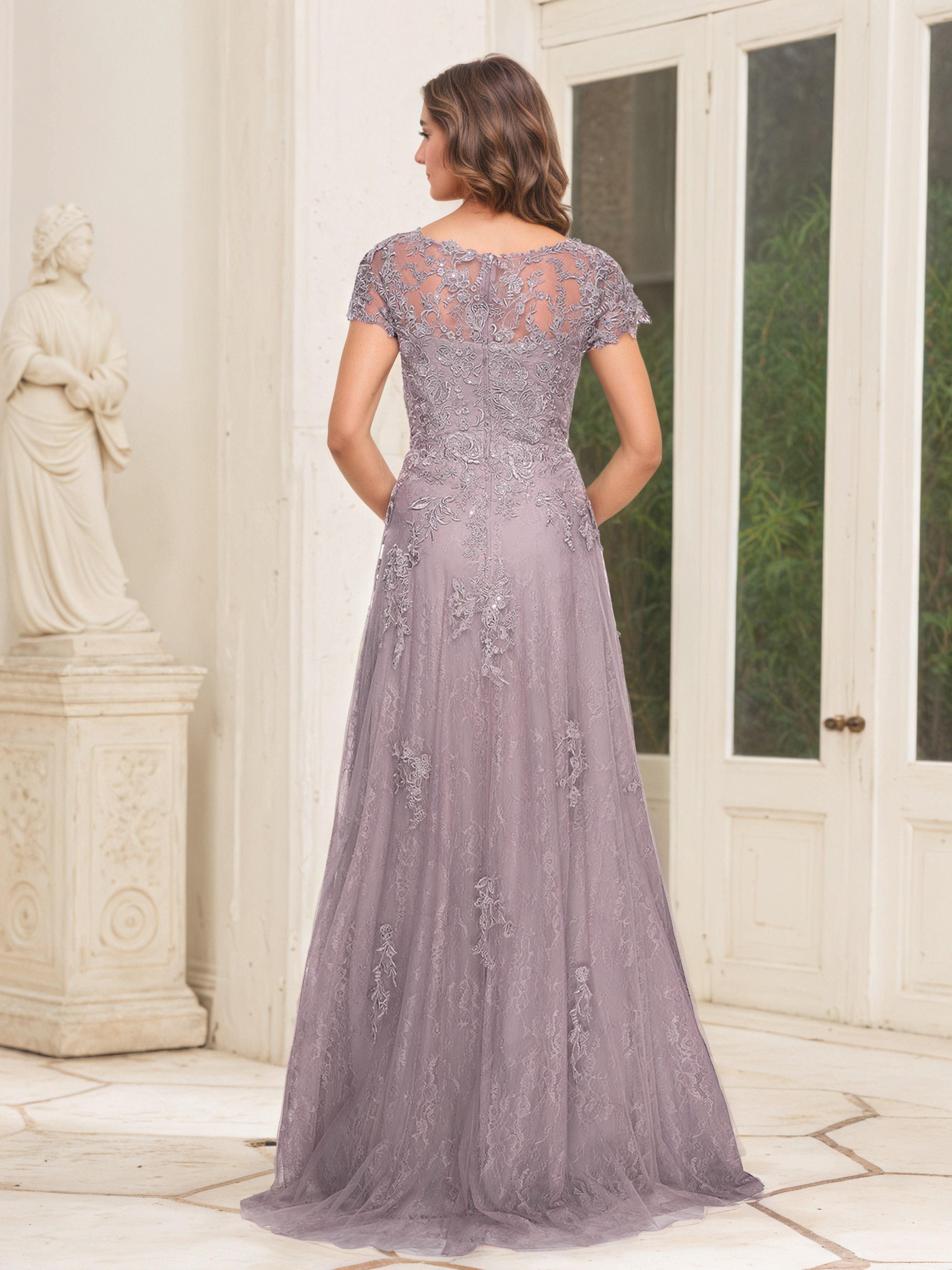 Wisteria Lace Short Sleeves V-Neck Mother Of The Bride Dress