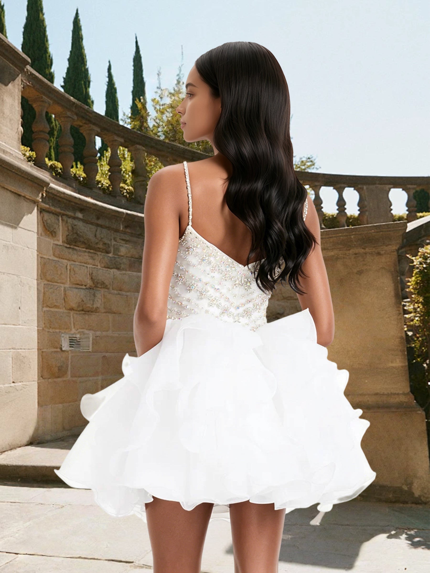 Cicinia Beaded Spaghetti Straps White Homecoming Dresses Short A-line Mini Length Princess Dress