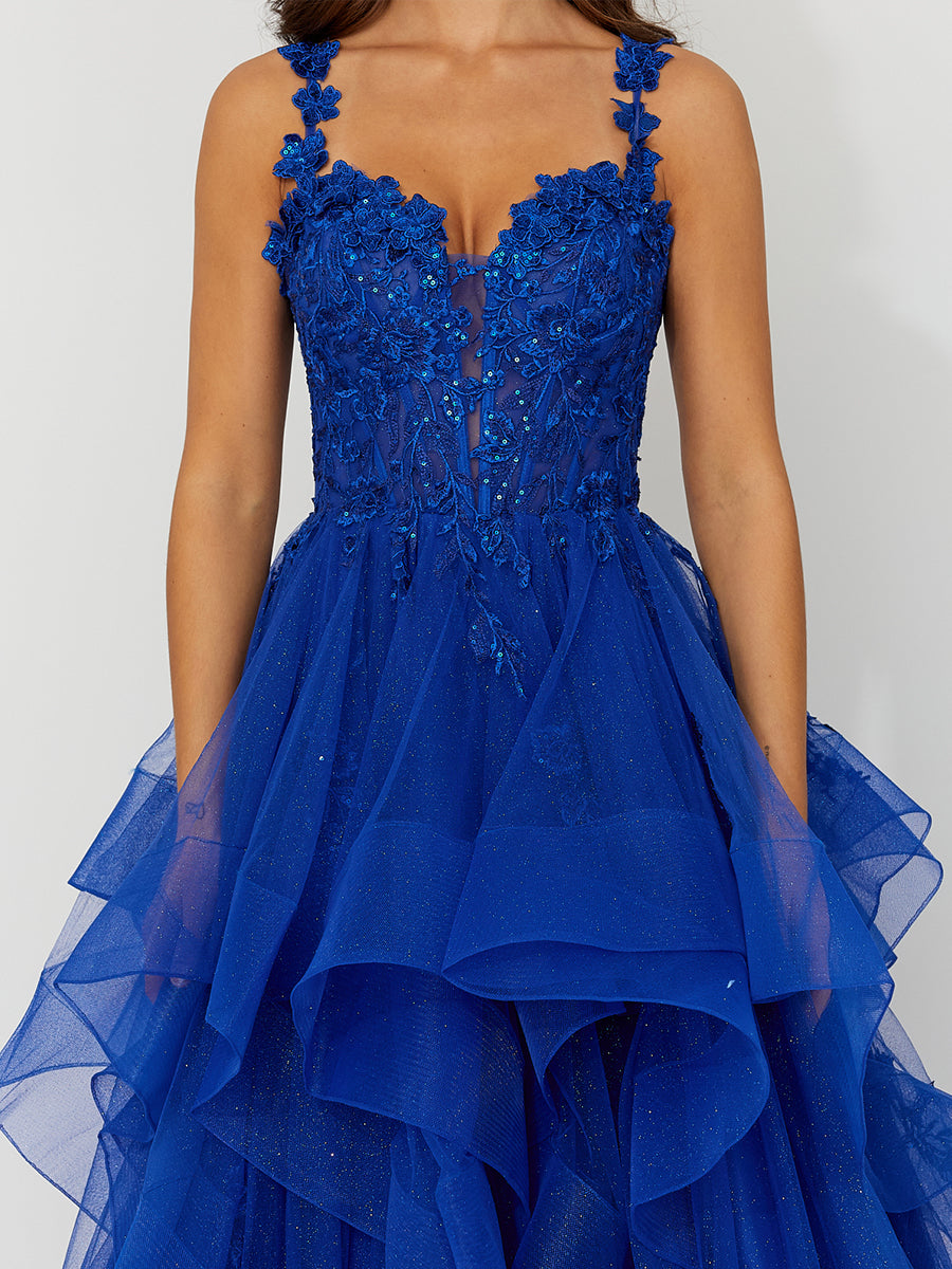 Cicinia Royal Blue Prom Dresses Long Tulle A-line Appliques Lace Floor Length Layers Party Gowns