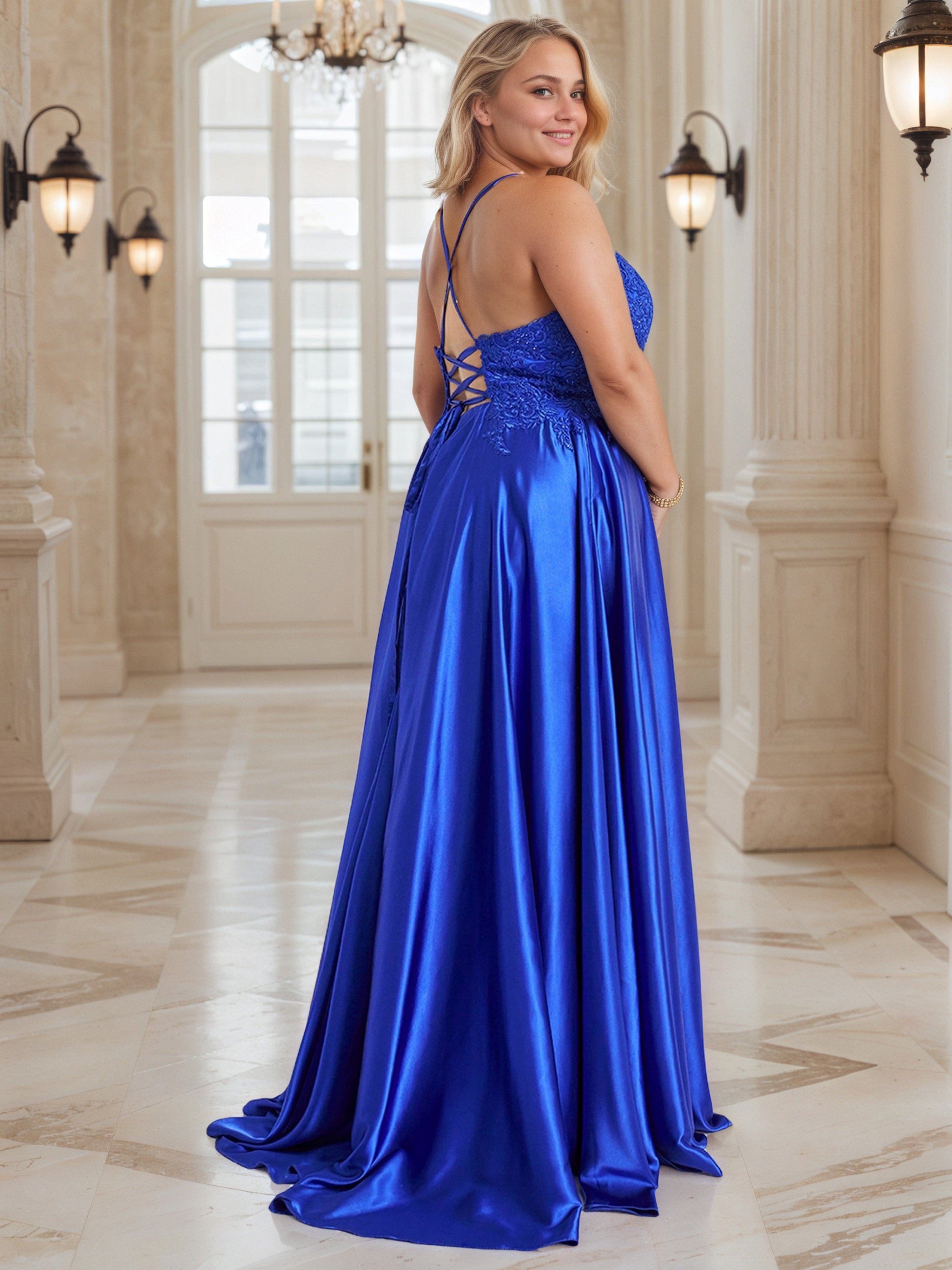 Spaghetti Straps Royal Blue Soft Satin Long Plus Size Prom Dress