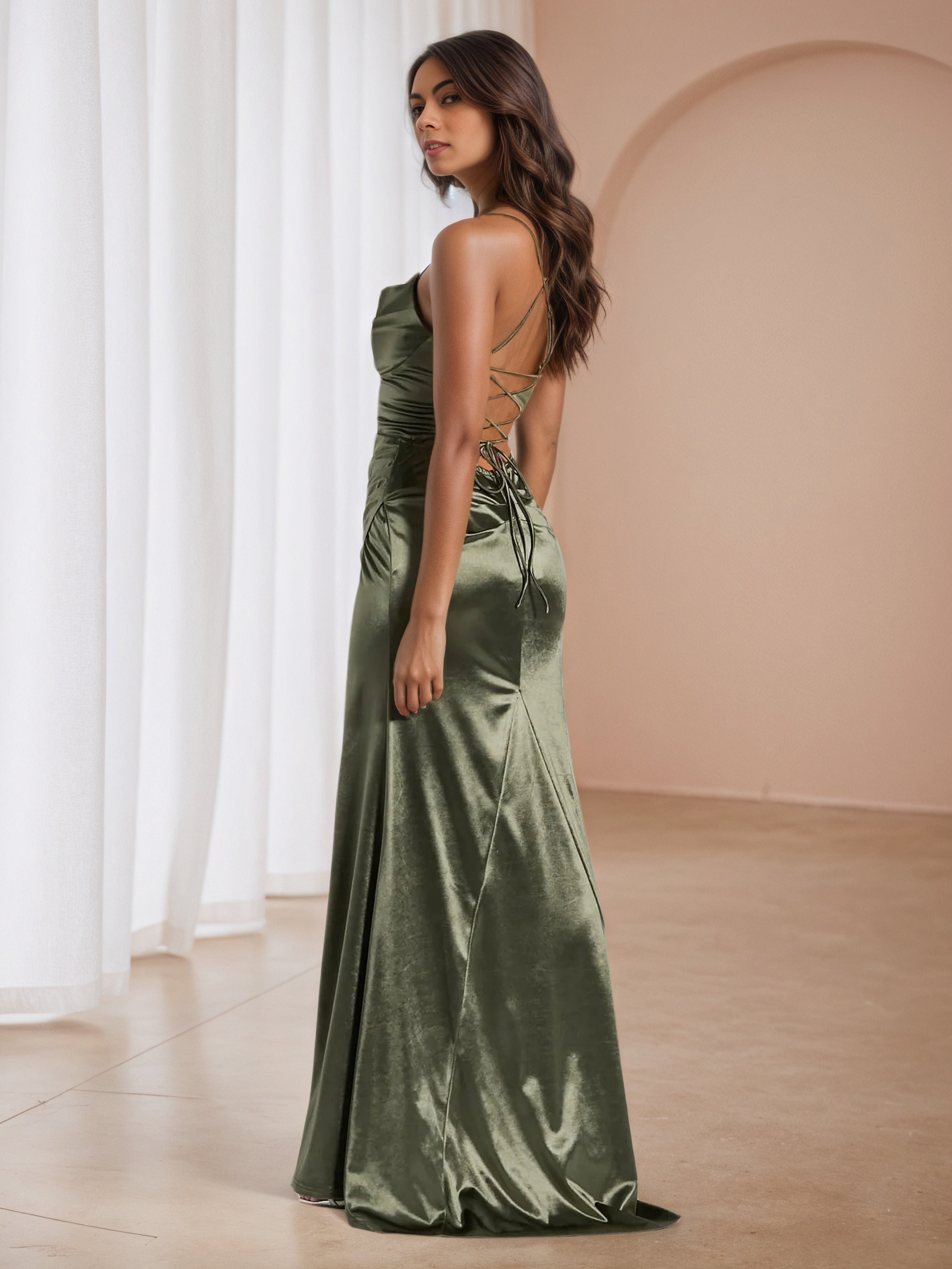 Sweep/Brush Train Dark Olive Green Spaghetti Straps Ruched Wedding Guest Dress