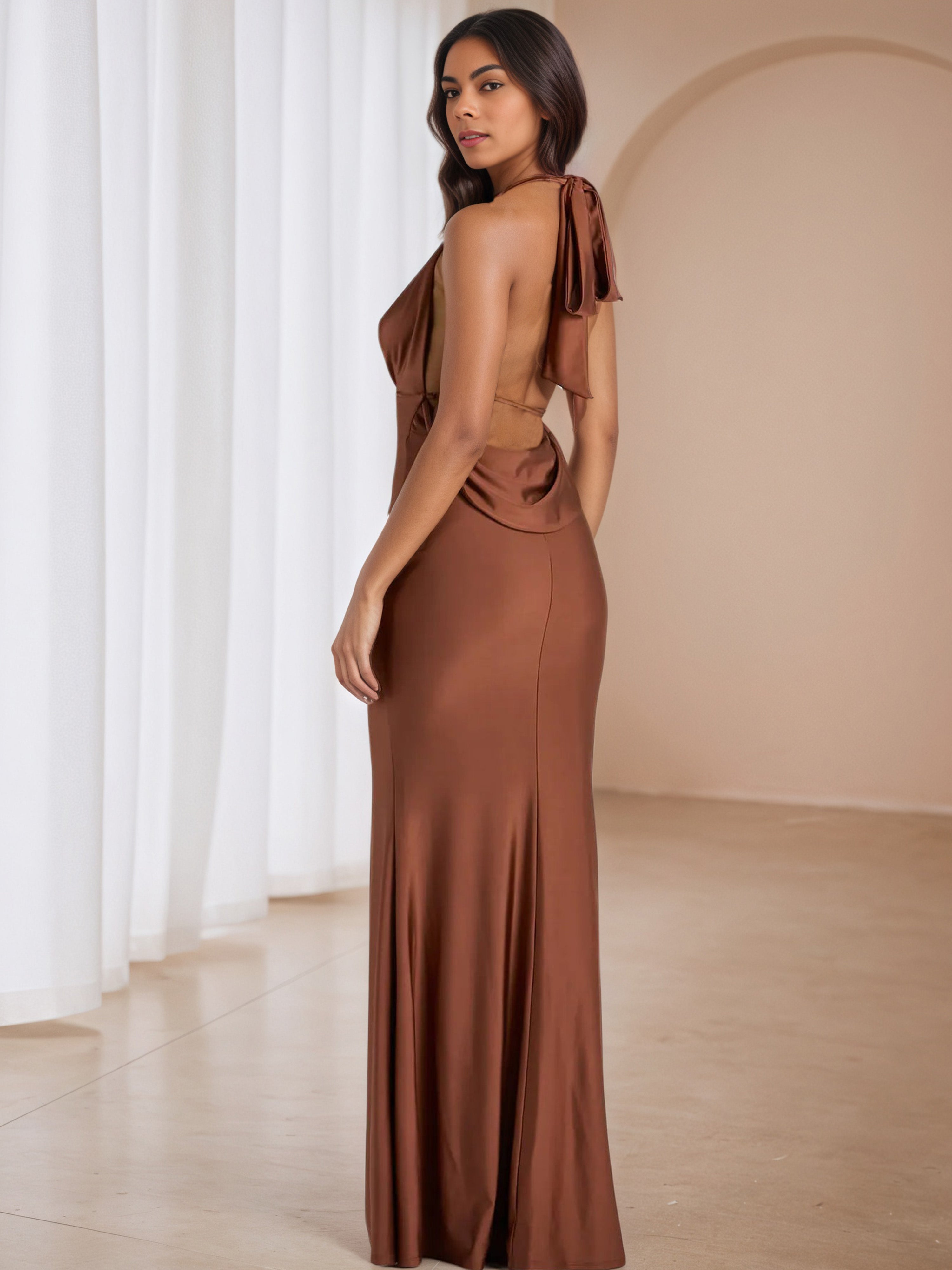 Halter Bowknot Terracotta Trumpet/Mermaid Formal Dresses