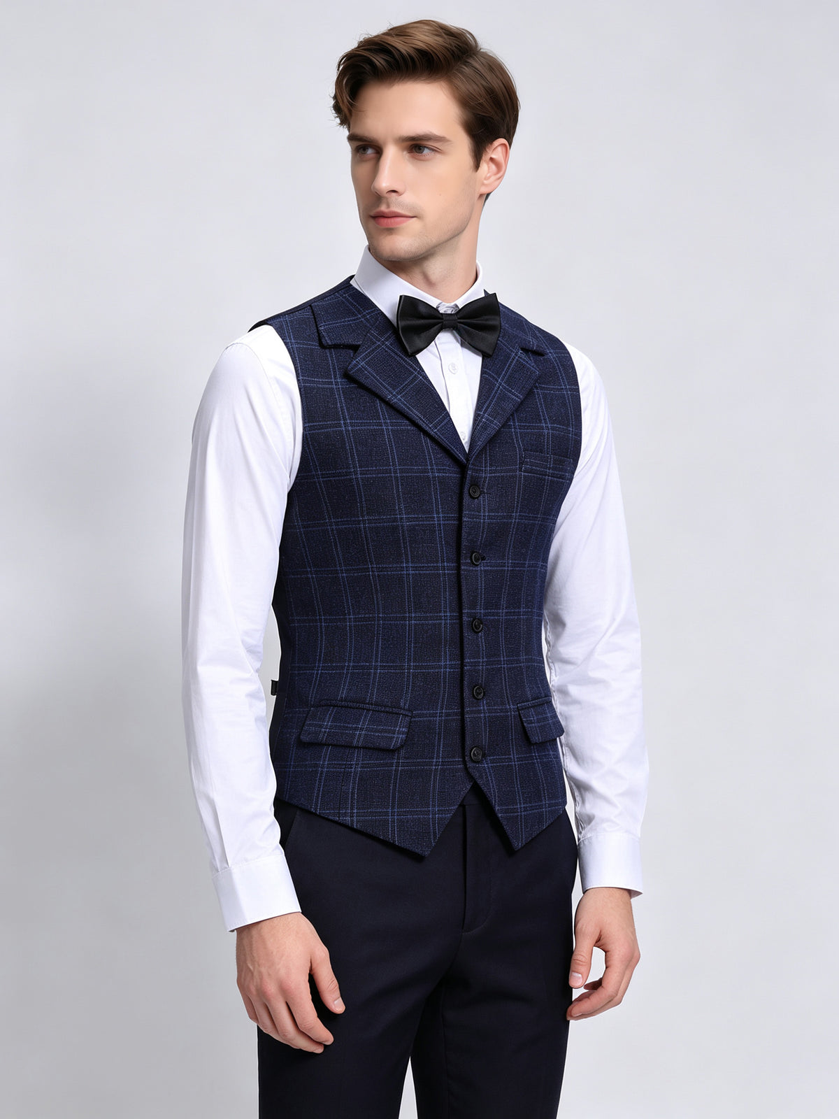 Cicinia 3 Pieces Windowpane Plaid Suit Notch Lapel Single Breasted Slim Navy Blue Men's Suits
