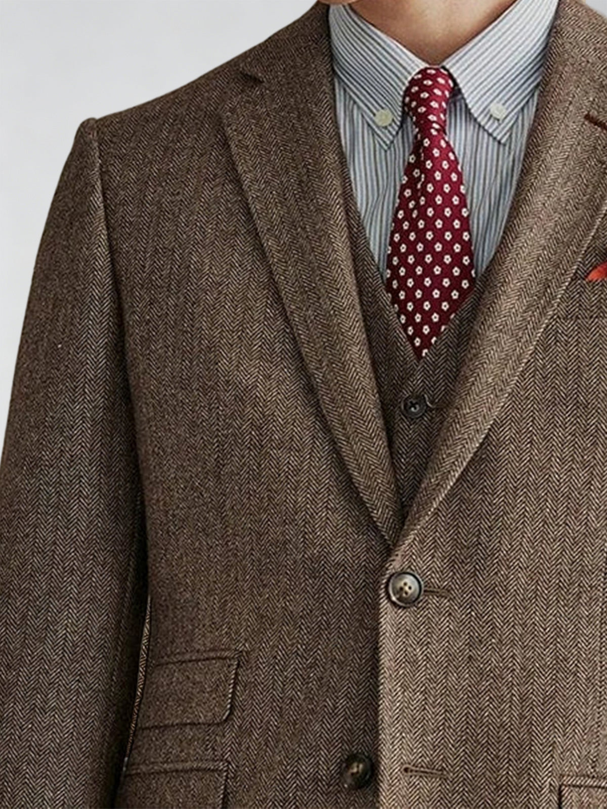 Cicinia Men's Suits Brown Herringbone Tweed 3 Pieces Suit Notch Lapel Vintage Jacket Vest Cuffed Trousers