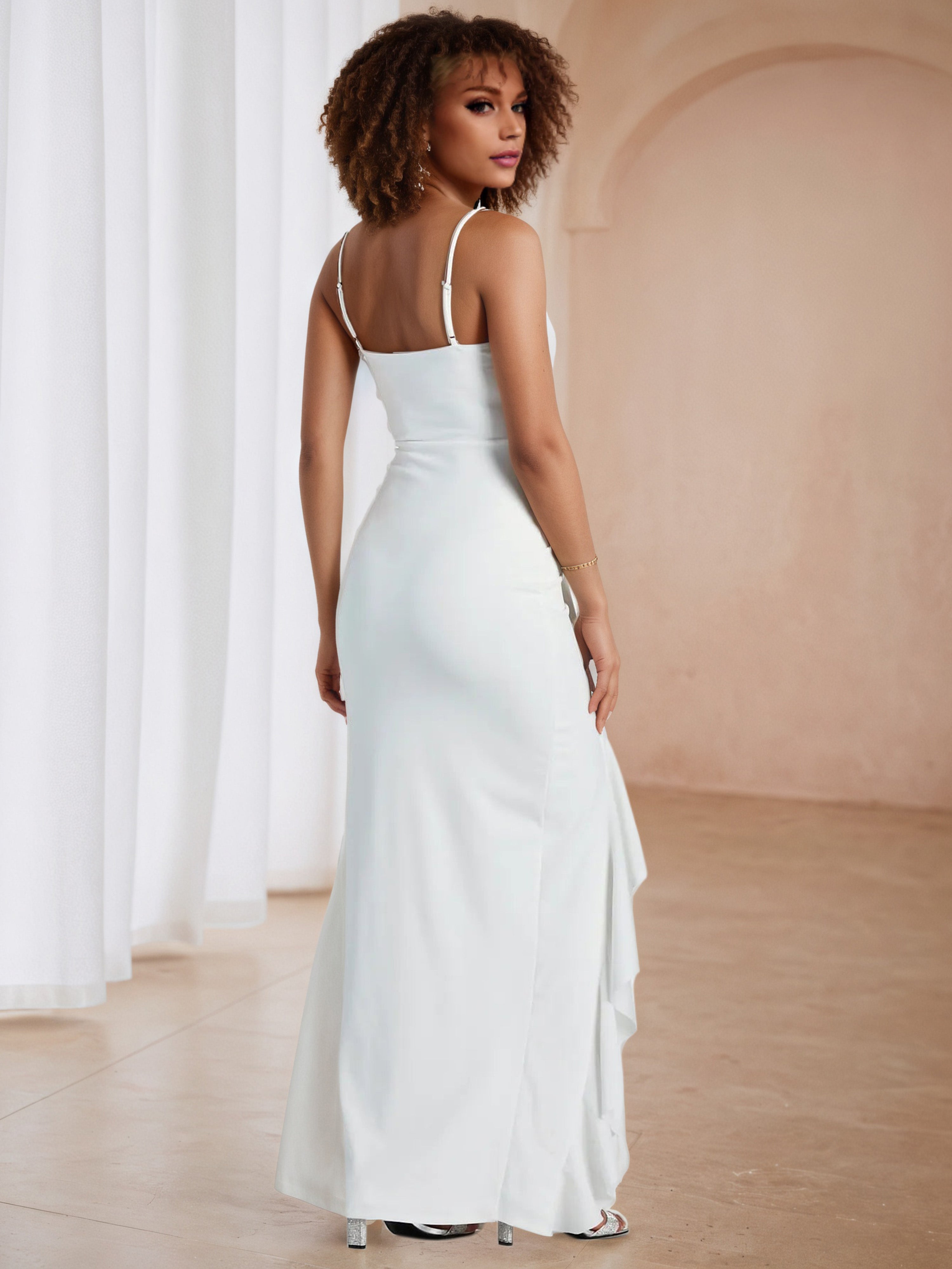 Sheath White Wedding Guest Dress with Ruffle side