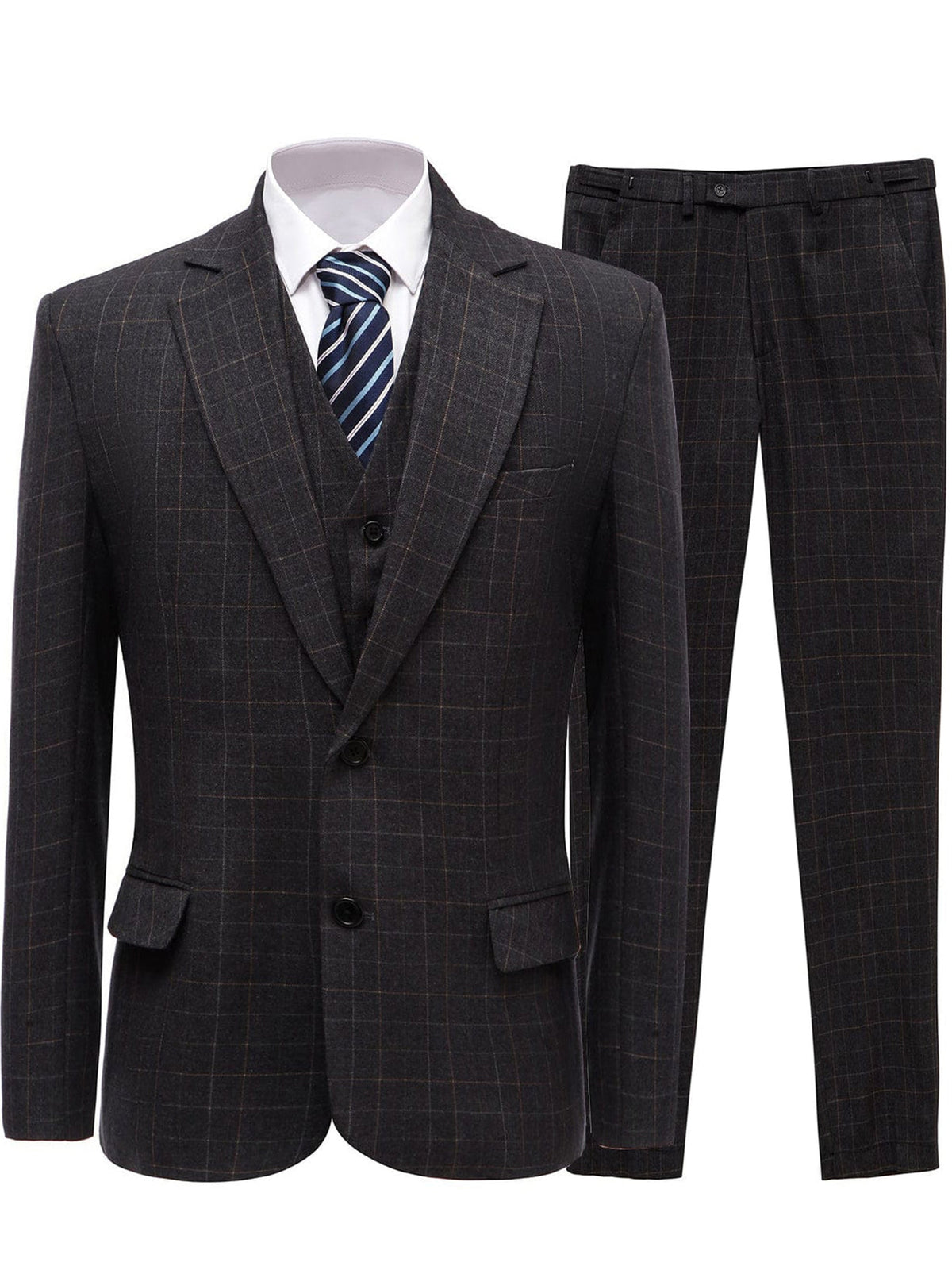 Cicinia Windowpane Plaid Suit Notch Lapel Single Breasted 3 Pieces Black Men's Suits