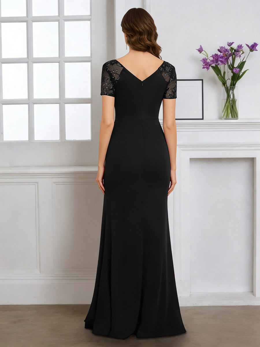 Cicinia Black Mother Of The Bride Dress With Sleeves Long Stretch Fabric Sheath V-neck Slit