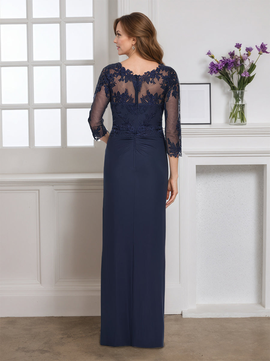 Cicinia Dark Navy Mother Of The Bride Dress With Sleeves Long Stretch Fabric Sheath Zipper Back Floor Length