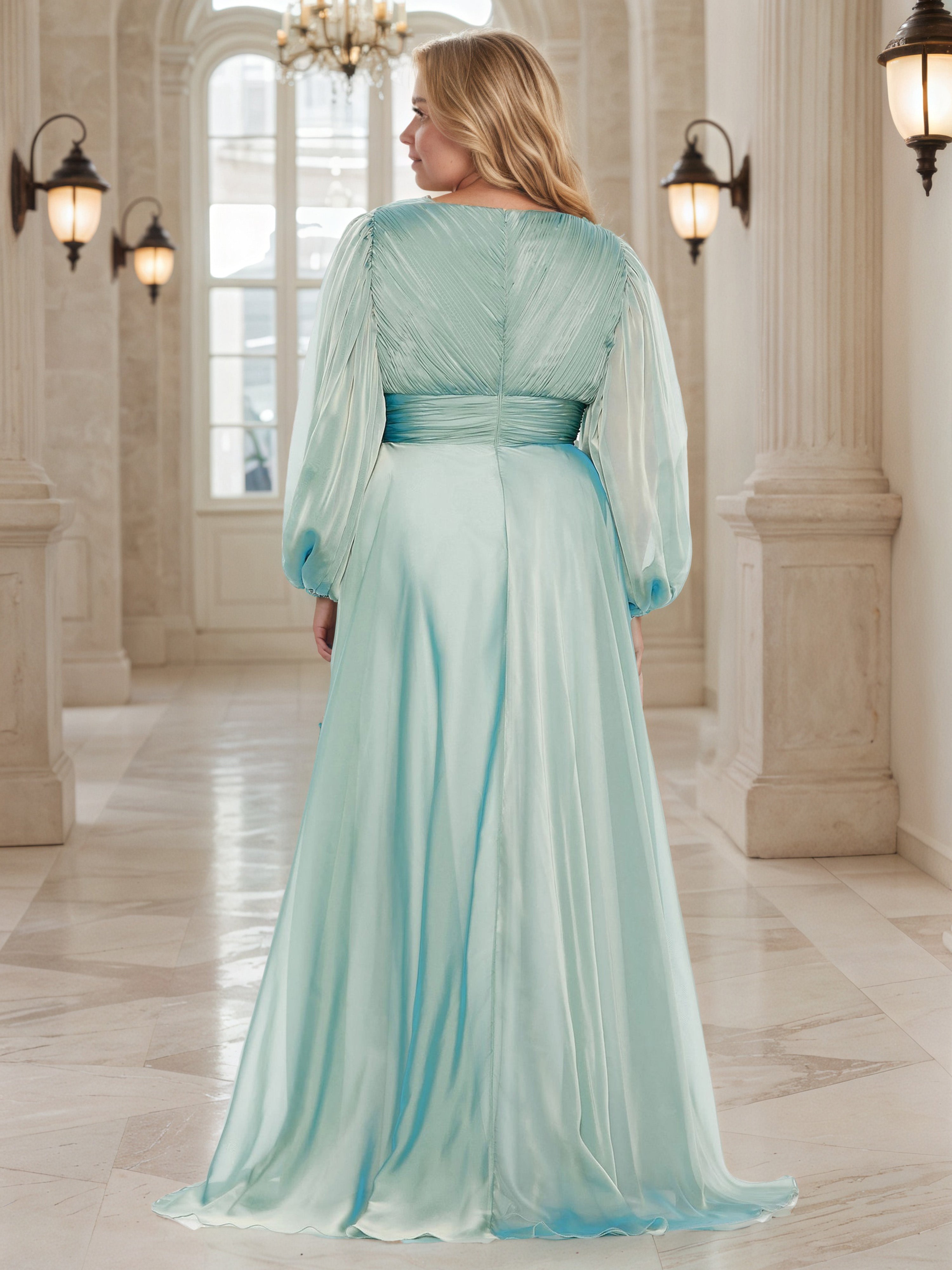 Mint Green Long Sleeves A-line Plus Size Prom Dress With High Split