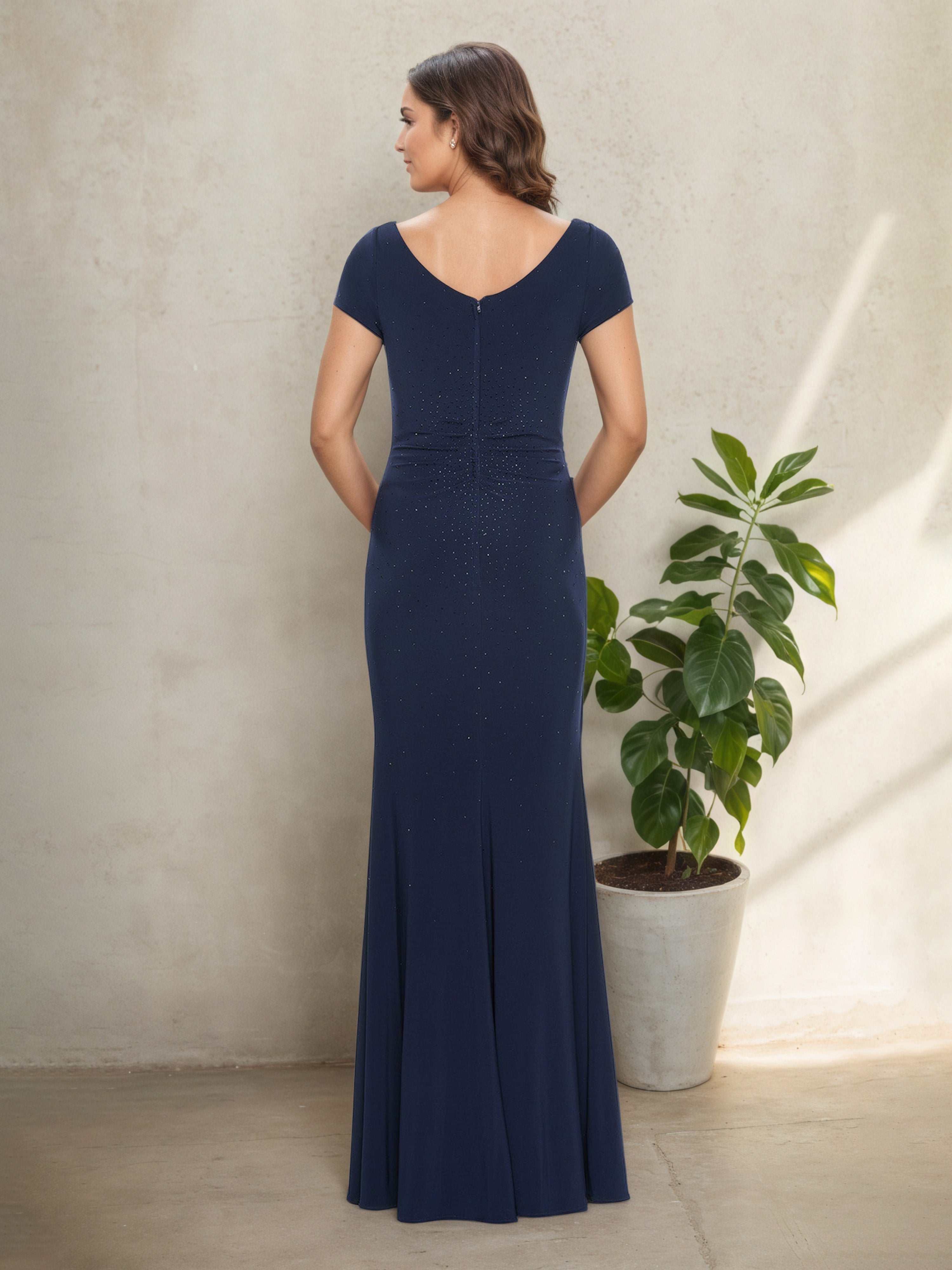 Jewel Elegant Short Sleeves Floor Length Sheath Mother Of The Bride Dress