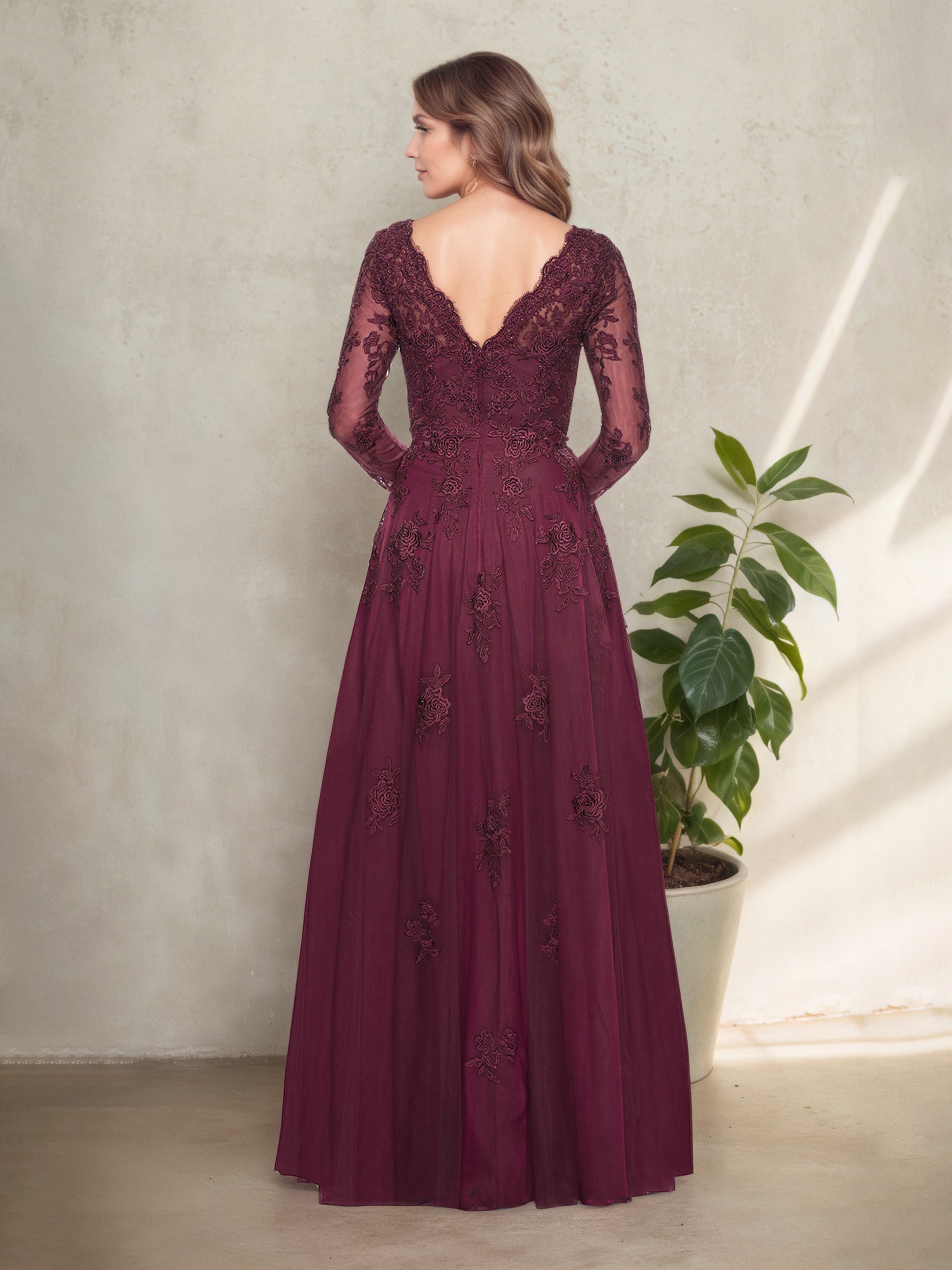 Illusion V-Neck Mulberry Long Sleeves Floor Length Mother Of The Bride Dress