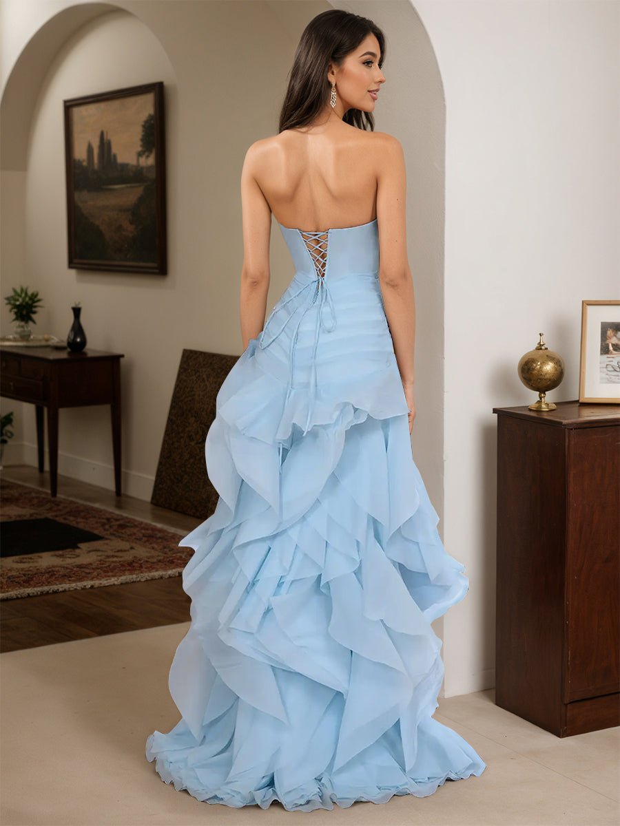 Cicinia Blue Prom Dresses Long Tulle Sheath Layered Strapless Dress With 3D Flower