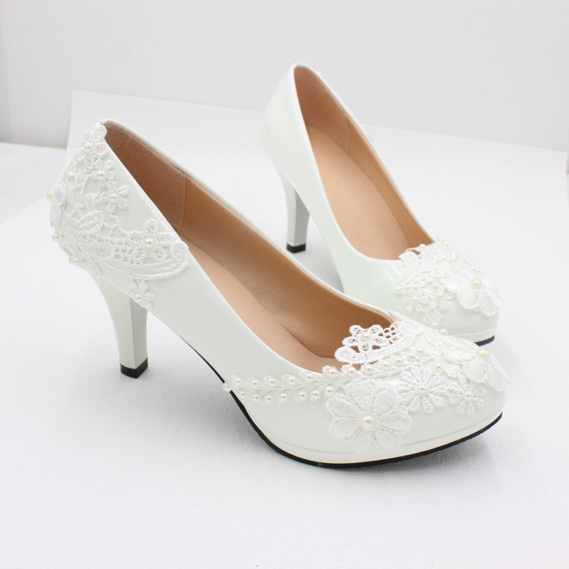 Round Toe High Heels Lace Wedding Shoes