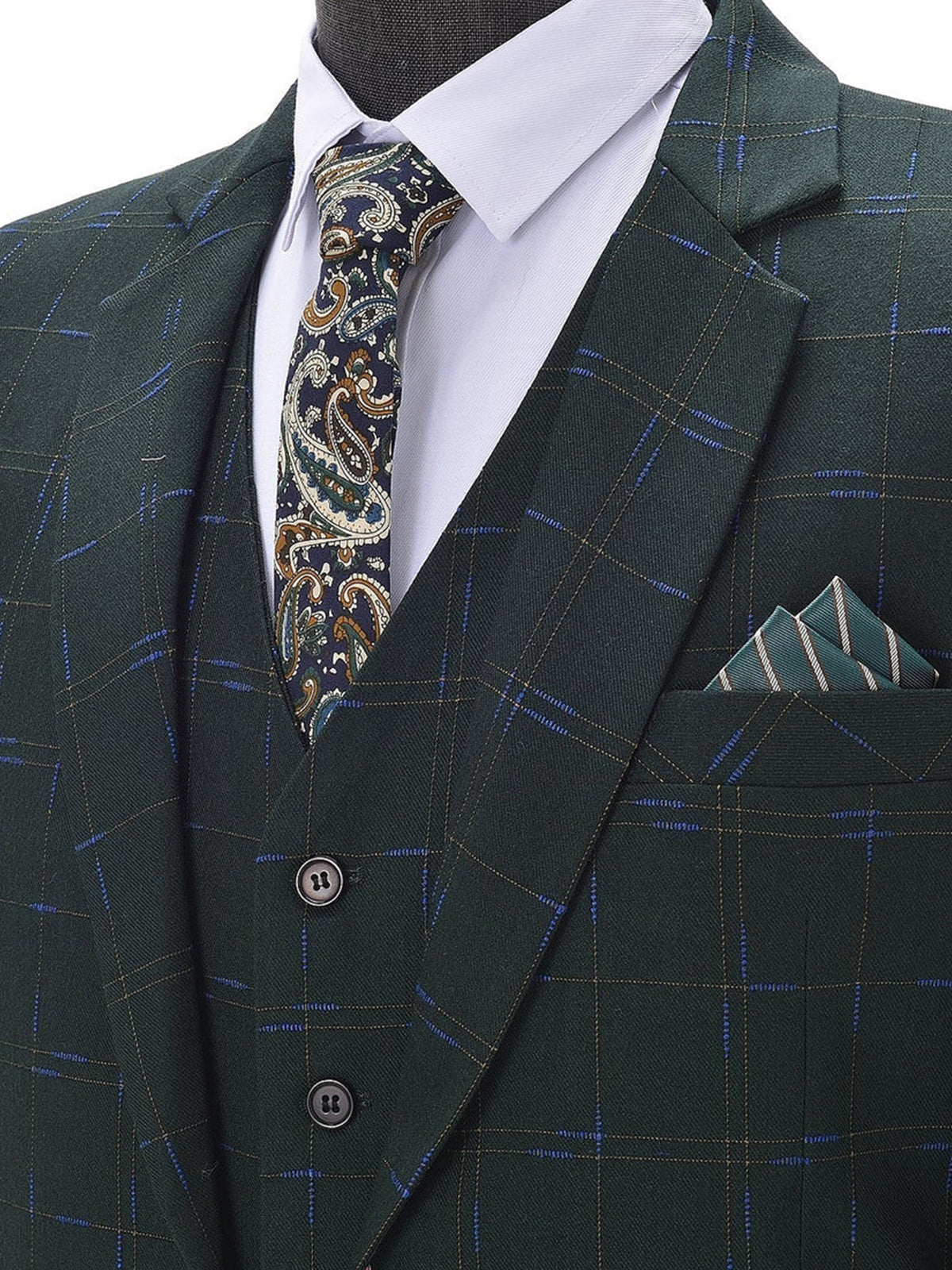 Cicinia Single Breasted Plaid Jacket Waistcoat And Black Pants Tailored Fit 3 Pieces Hunter Green Men's Suits