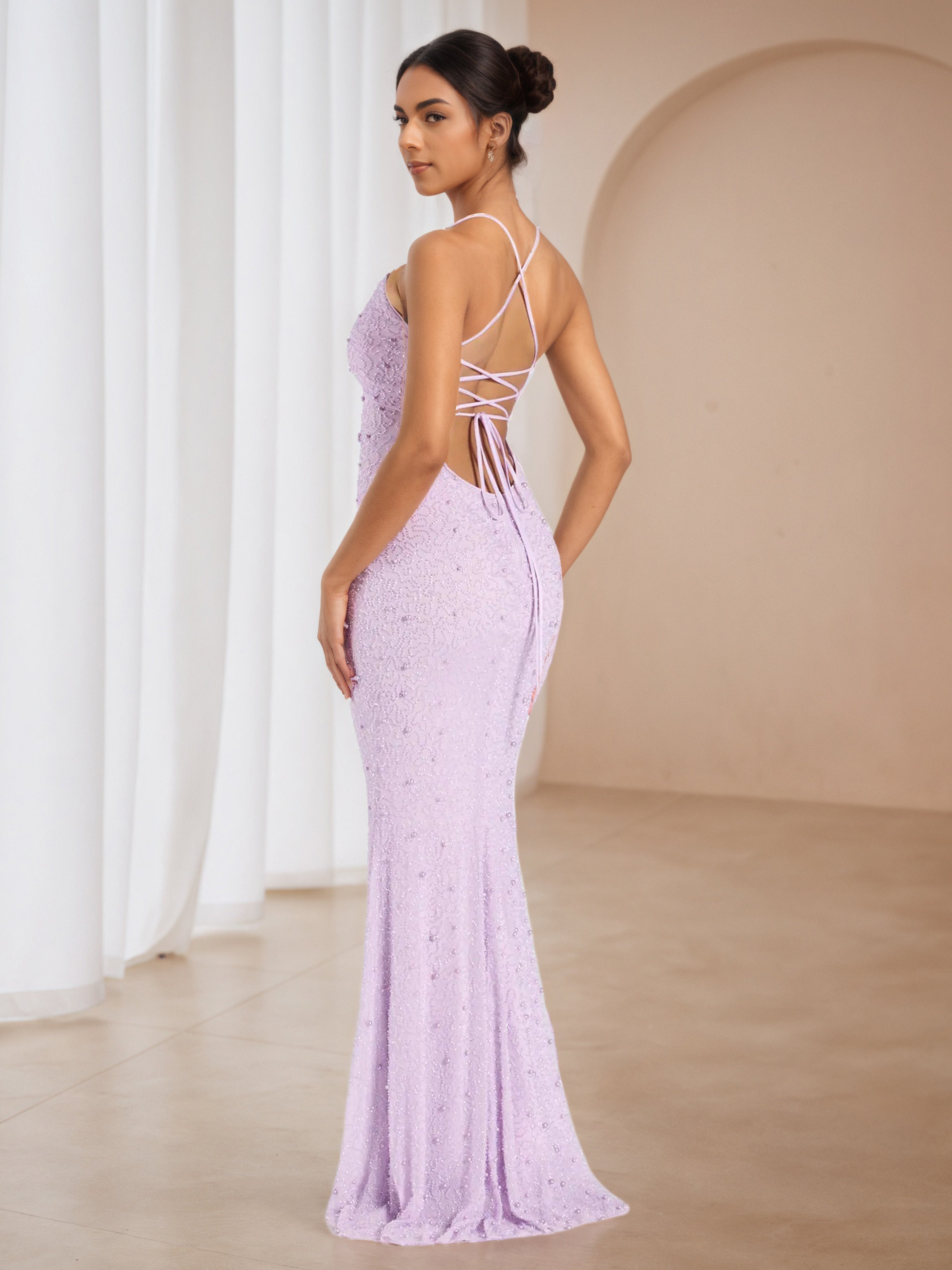 V-Neck Lilac Spaghetti Straps Wedding Guest Dress