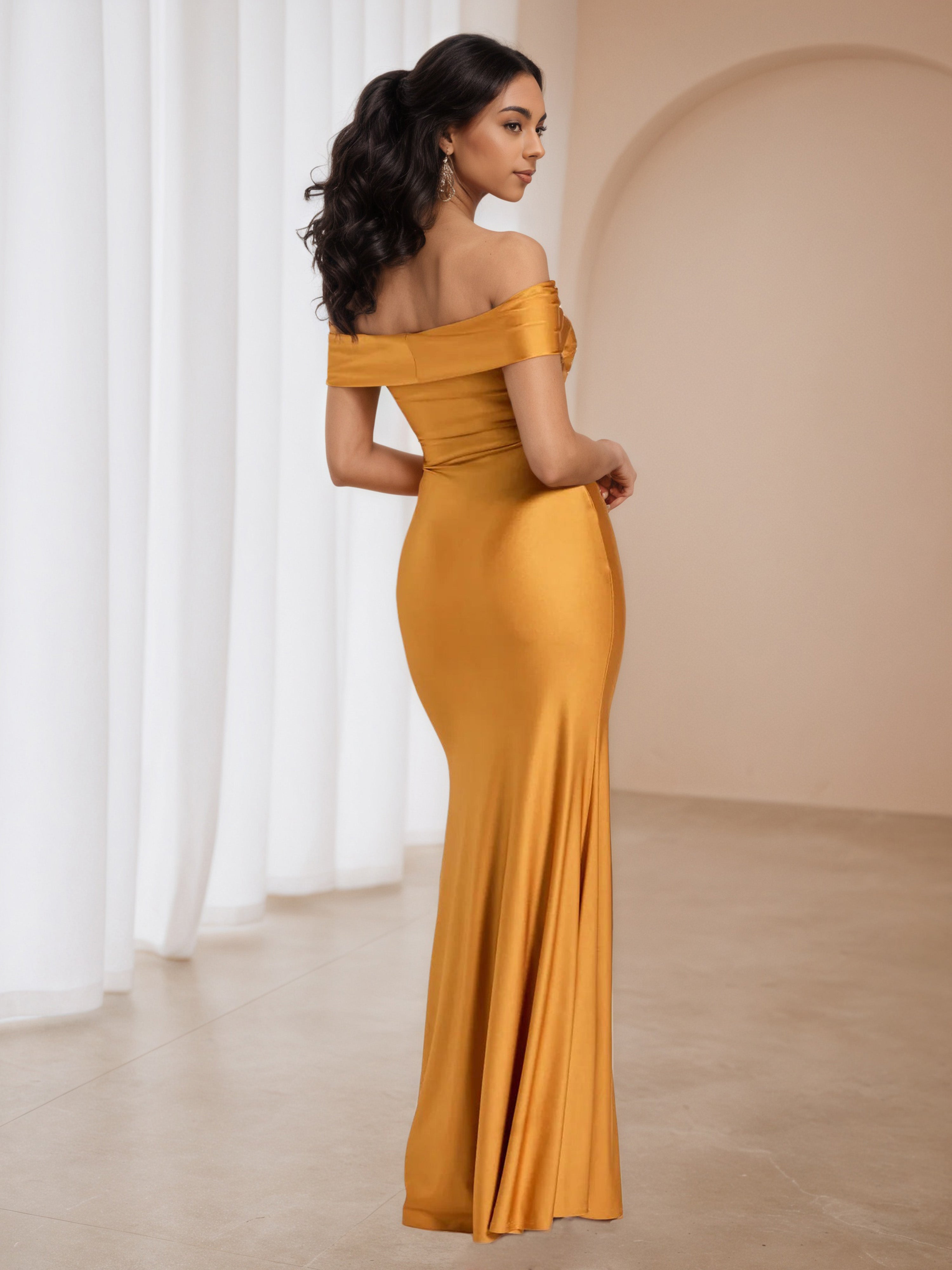 Off The Shoulder Twist Neck Tangerine Wedding Guest Dress with Split