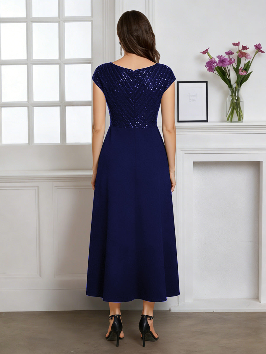 Cicinia Navy Blue Mother Of The Bride Dress Long Chiffon Sequins A-line Tea Length V-neck