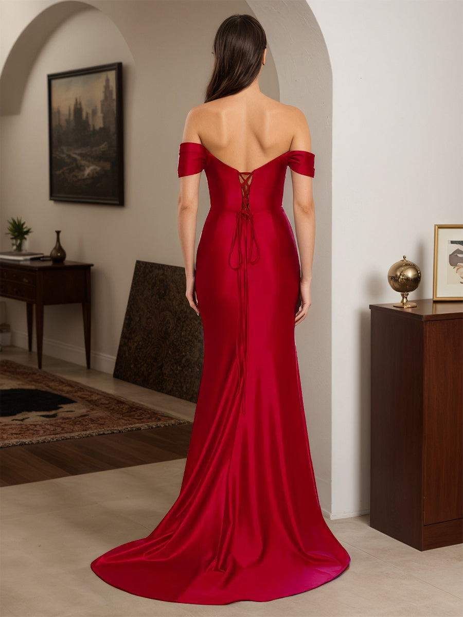 Cicinia Red Prom Dresses Long Off The Shoulder Sheath Beaded Backless
