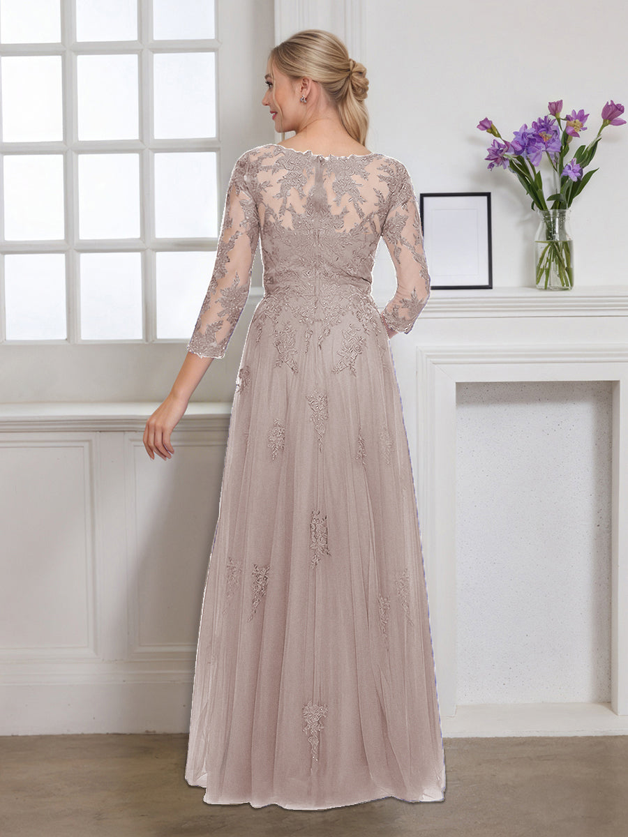 Cicinia Taupe Mother Of The Bride Dress Long Tulle Appliques Lace V-neck 3/4 Sleeves