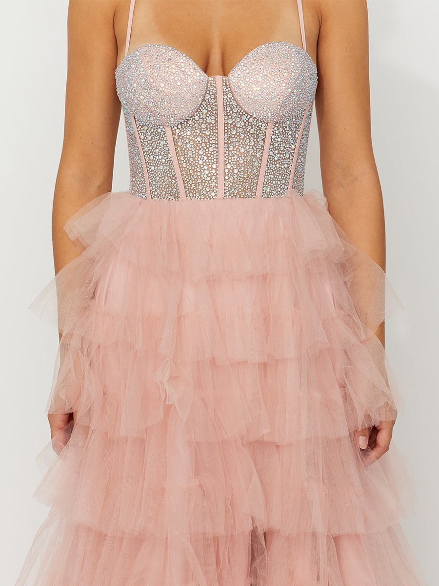 Cicinia Pearl Pink Prom Dresses Long Tulle A-line Spaghetti Straps Layered Slit Gowns