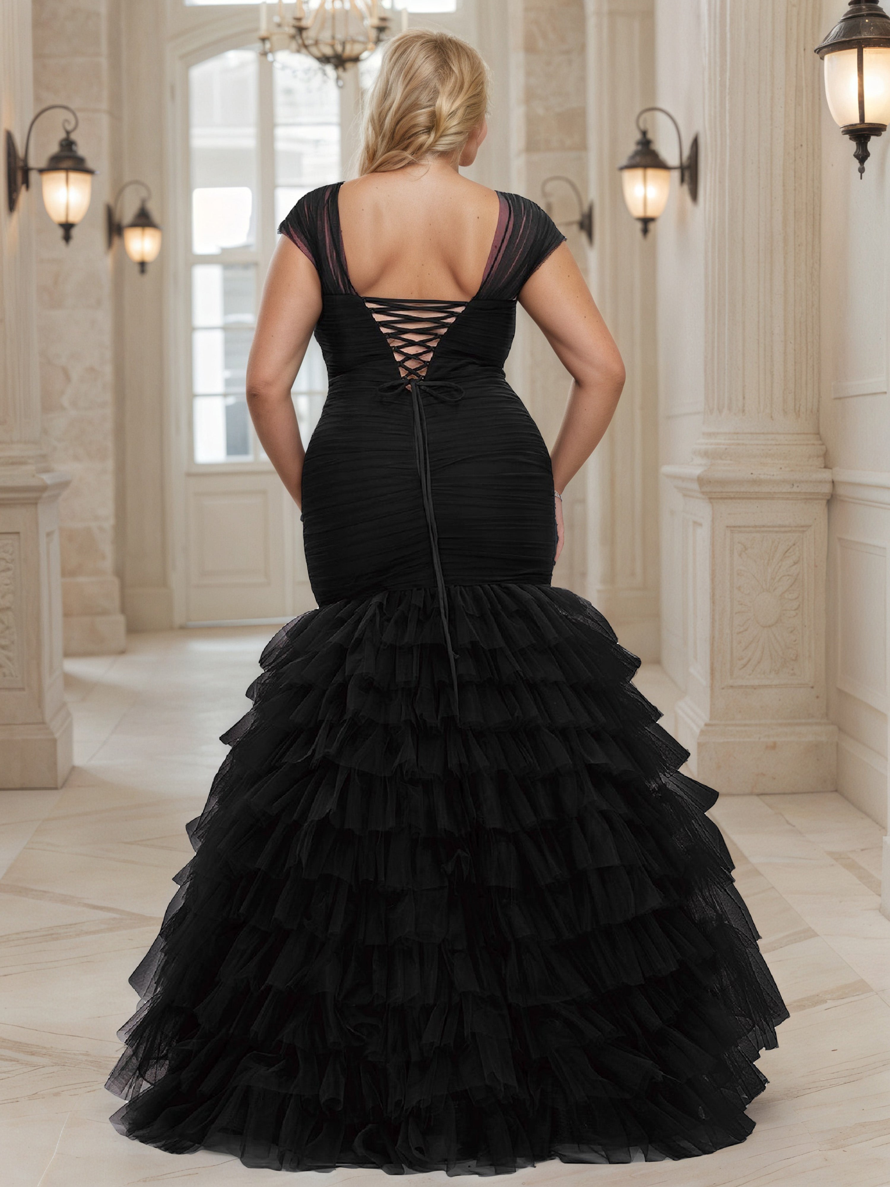 Beautiful Mermaid Layers Black Tulle Long Plus Size Prom Dress