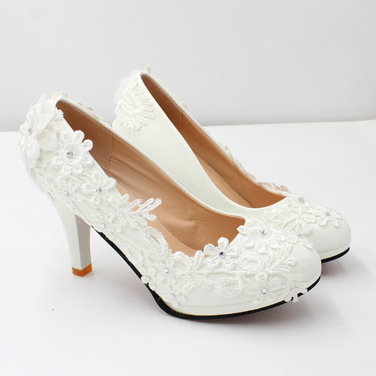 High Heels Round Toe Lace Women's Wedding Shoes