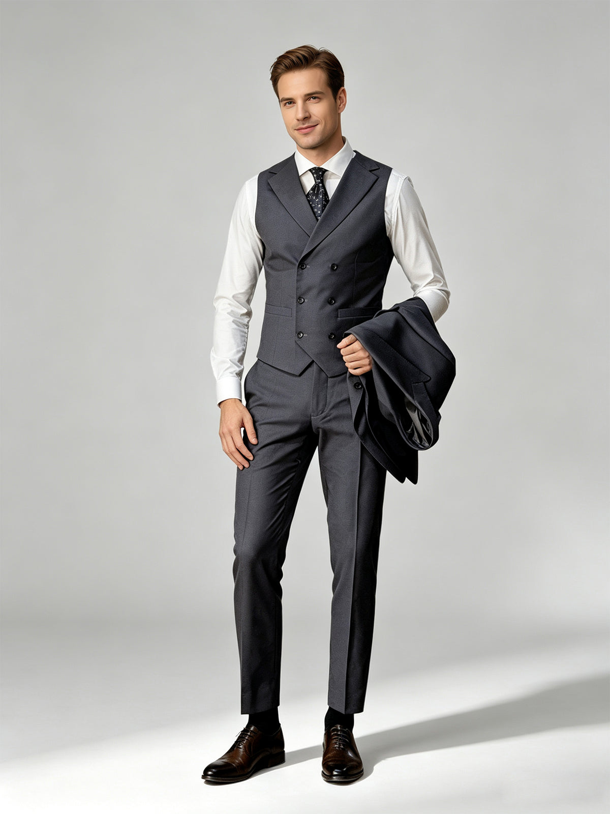 Cicinia Steel Grey Men's Suits 3 Pieces Suit Peak Lapel Single Breasted Jacket Vest Straight Cut Trousers