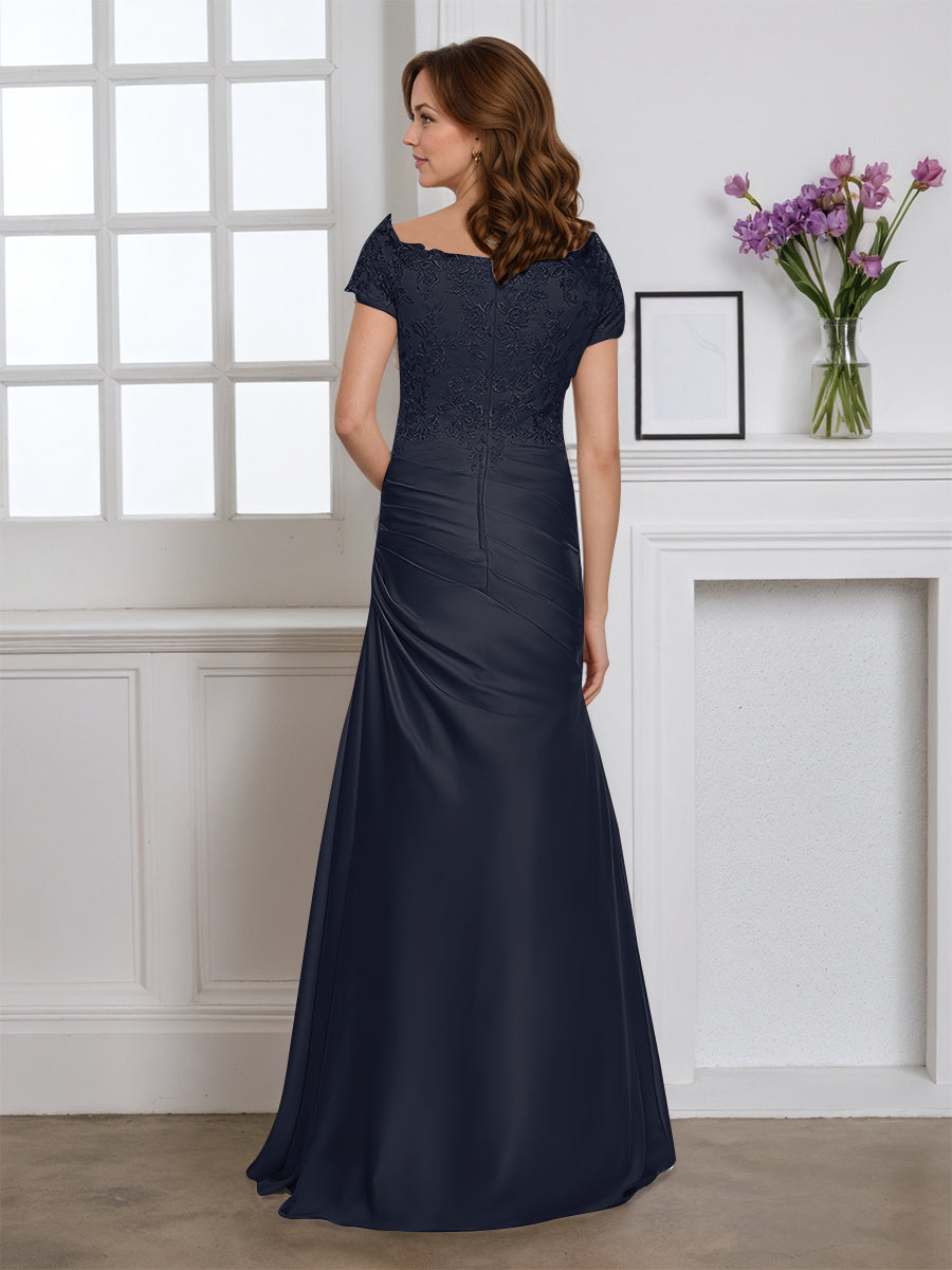 Cicinia Dark Navy Mother Of The Bride Dress Long Soft Satin Sheath Cap Sleeves