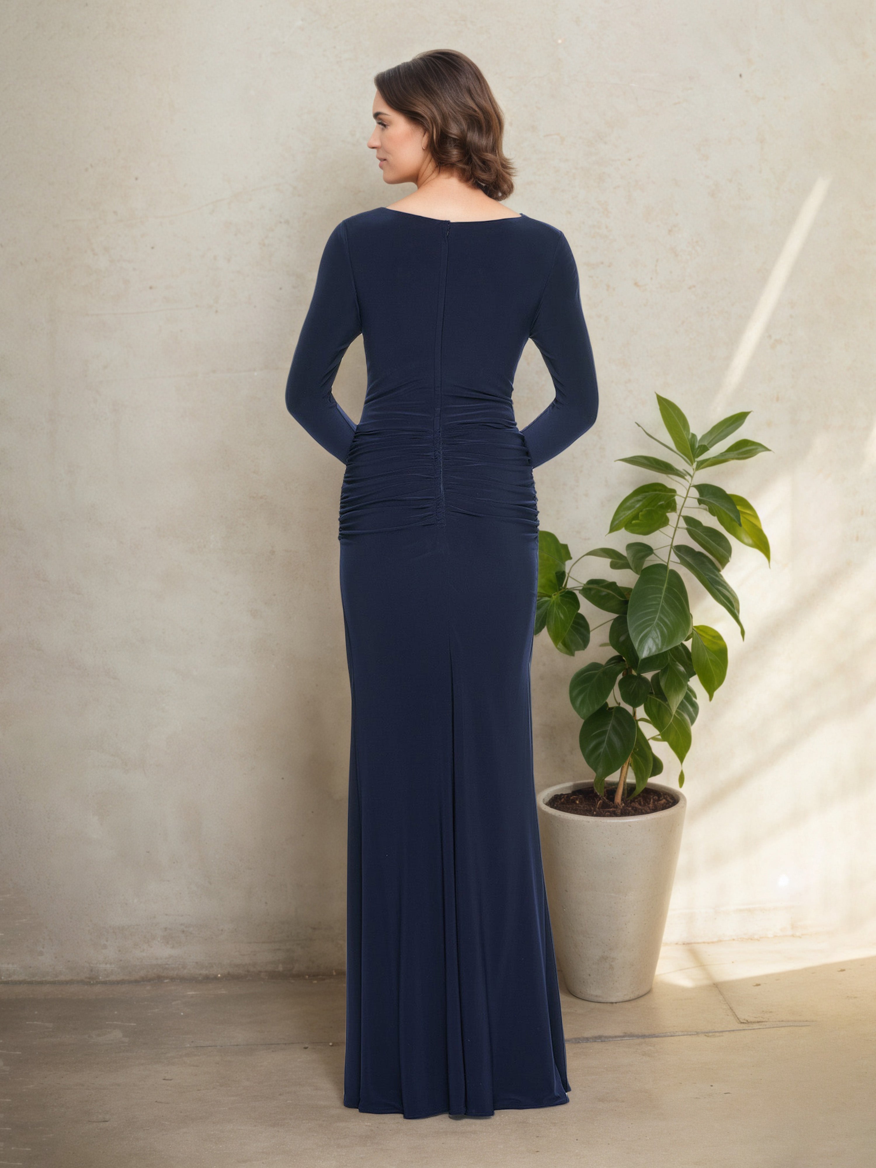 Cowl Long Sleeves Dark Navy Sheath Floor Length Mother Of The Bride Dress
