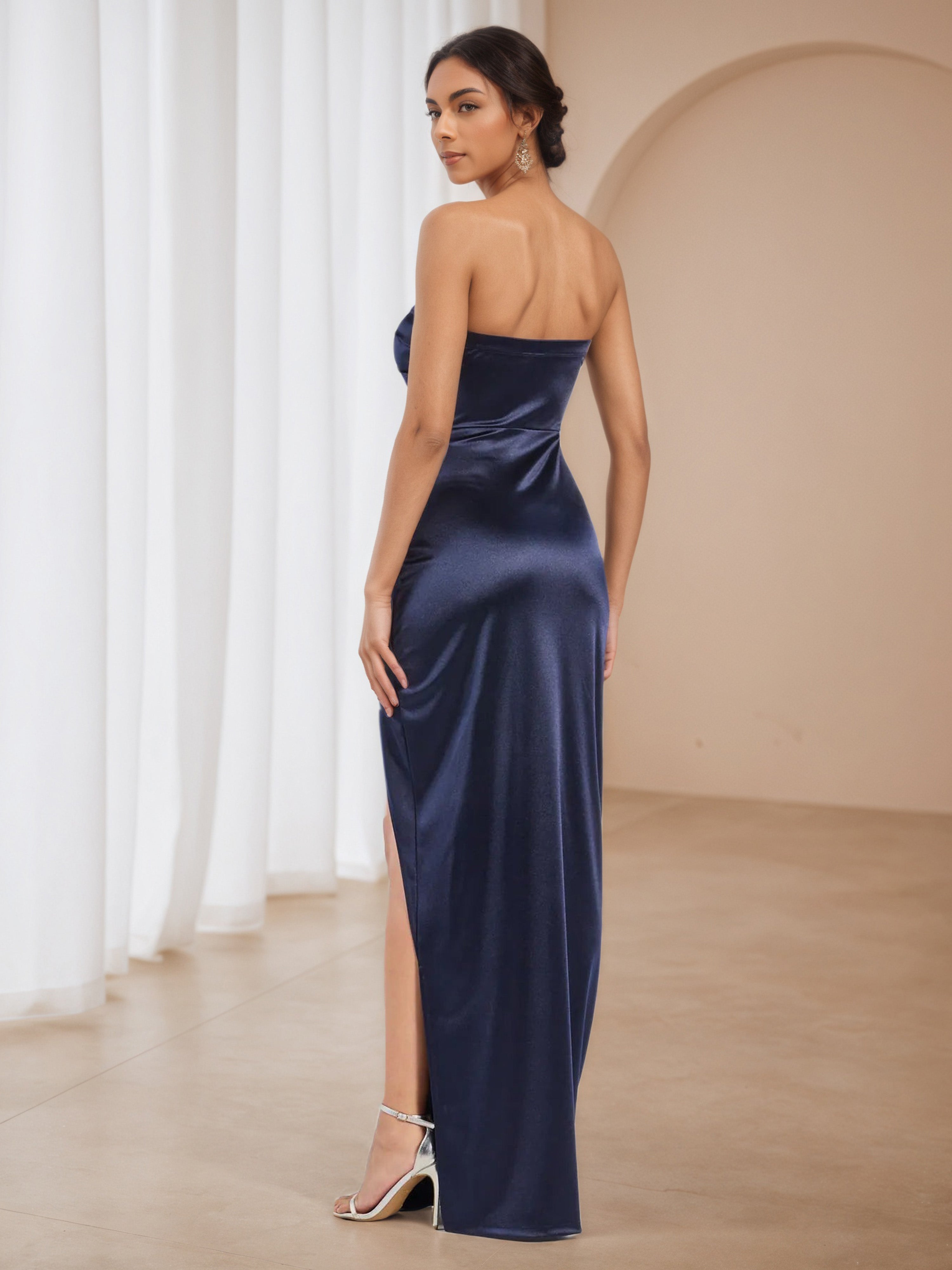 Pleats Navy Strapless Long Wedding Guest Dress