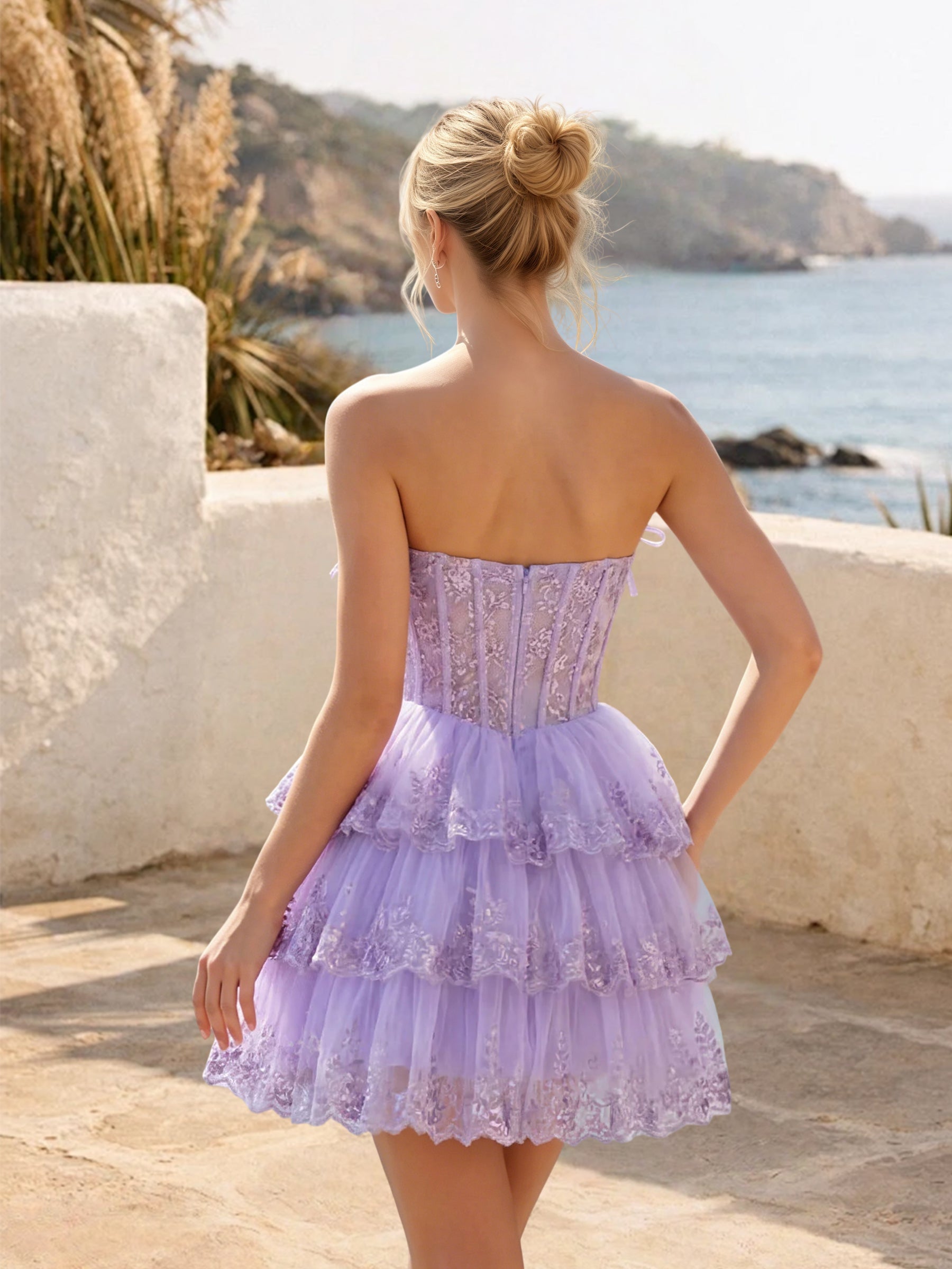 Cicinia Layered Strapless Lace Lilac Homecoming Dresses Short A-line Mini Length Party Dress