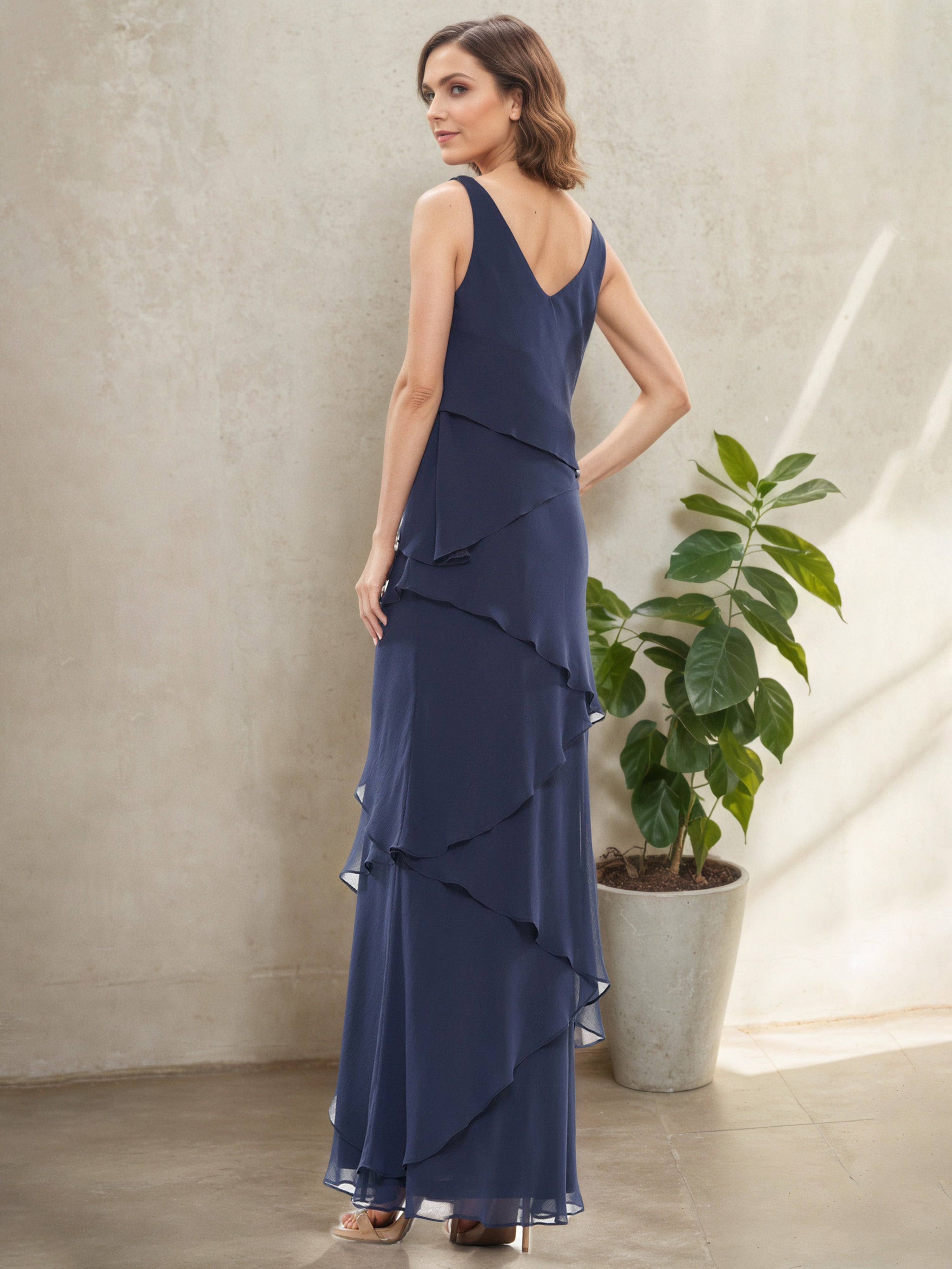 Dark Navy Blue Dress V-Neck Layers 3/4 Sleeves Long Sheath Mother Of The Bride Dress Suits